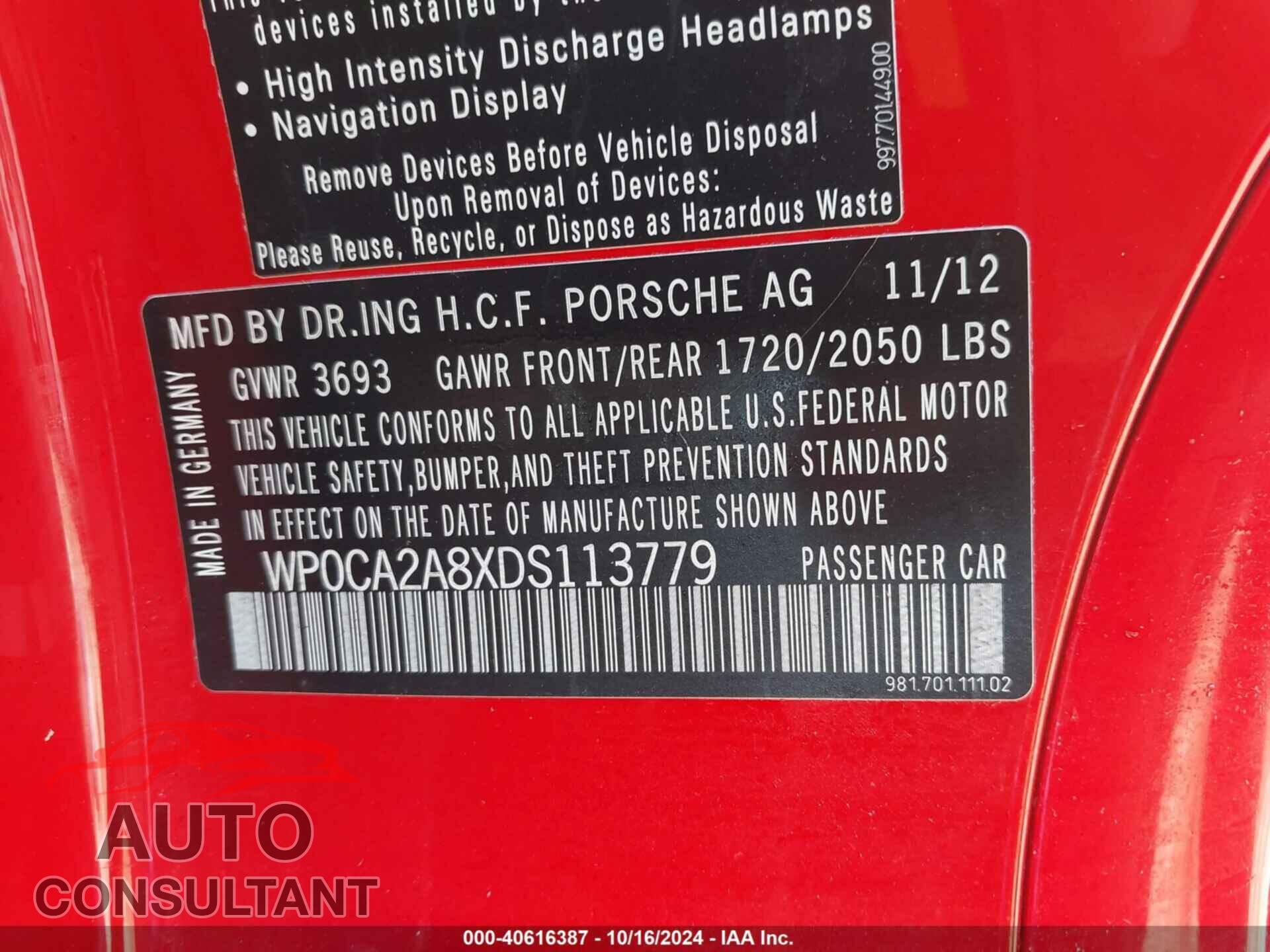 PORSCHE BOXSTER 2013 - WP0CA2A8XDS113779