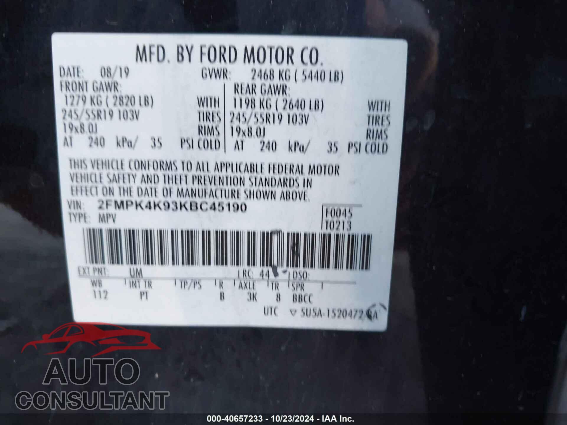 FORD EDGE 2019 - 2FMPK4K93KBC45190