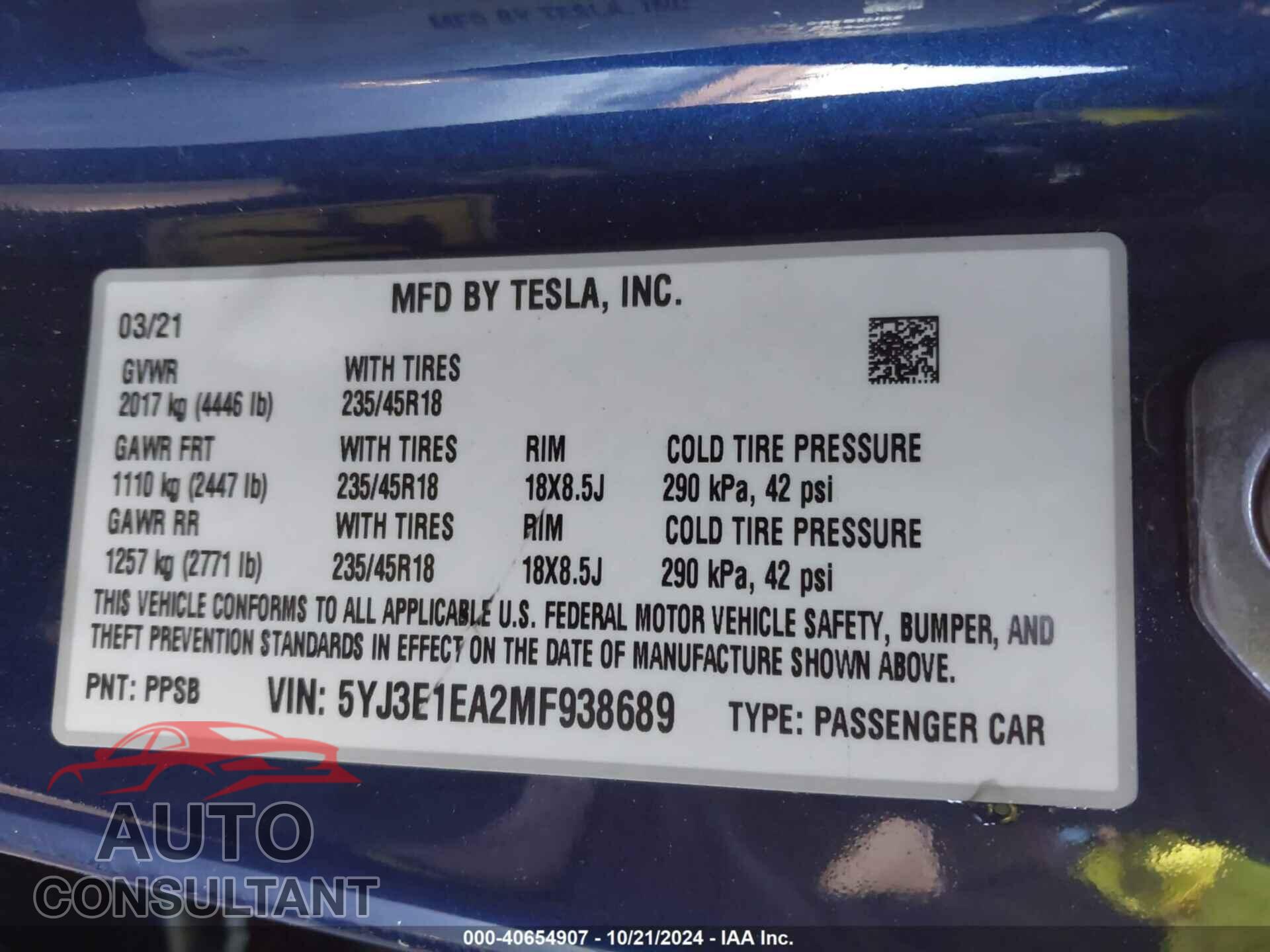 TESLA MODEL 3 2021 - 5YJ3E1EA2MF938689