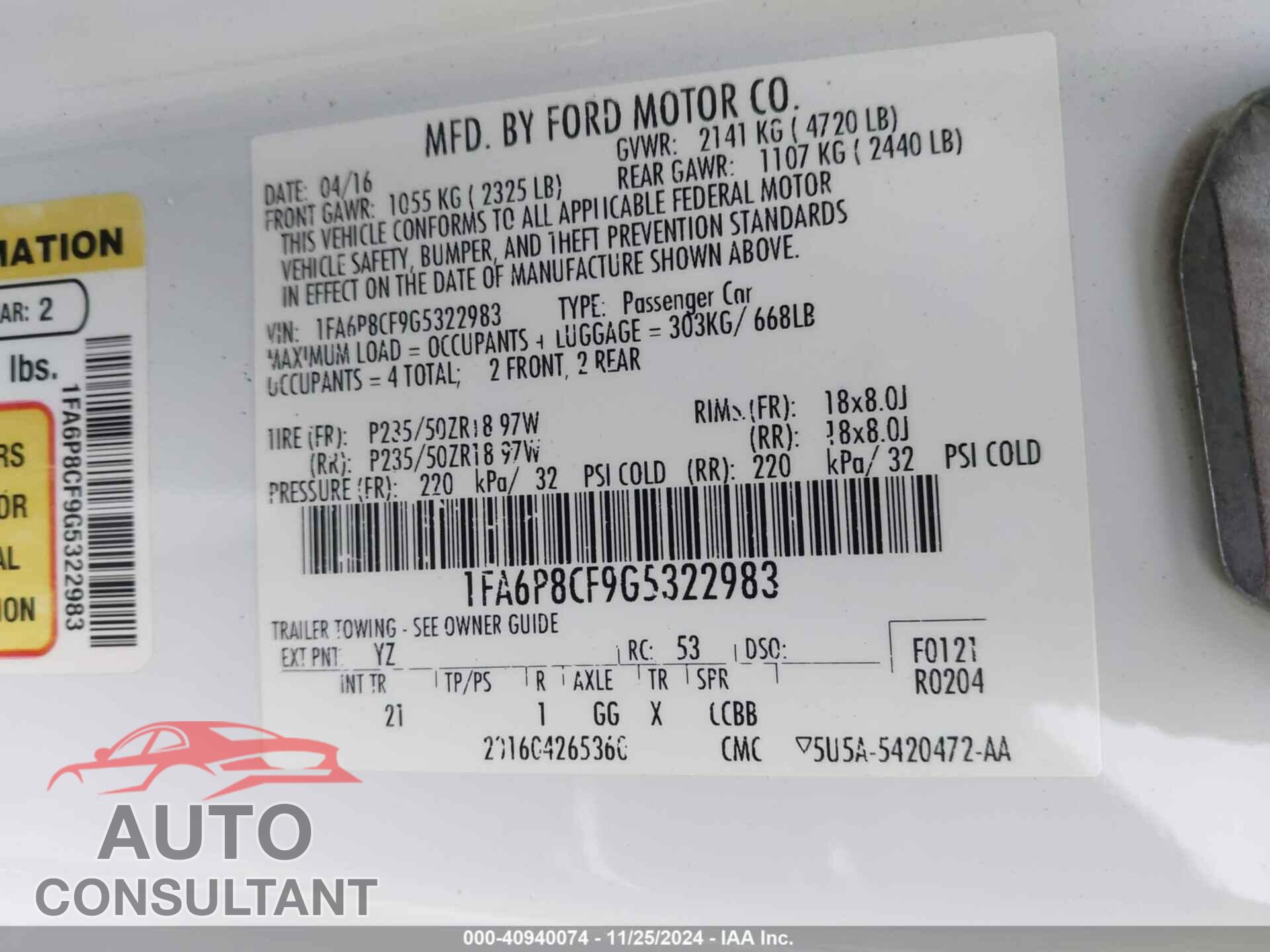 FORD MUSTANG 2016 - 1FA6P8CF9G5322983
