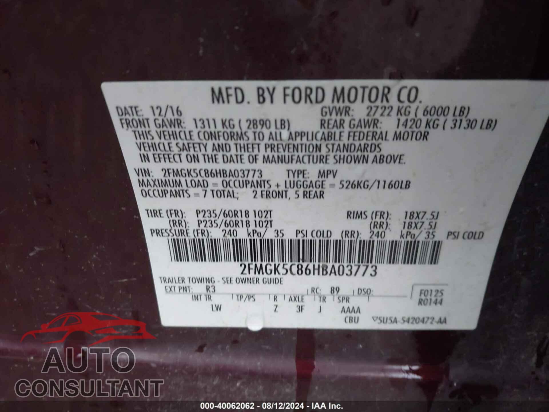 FORD FLEX 2017 - 2FMGK5C86HBA03773