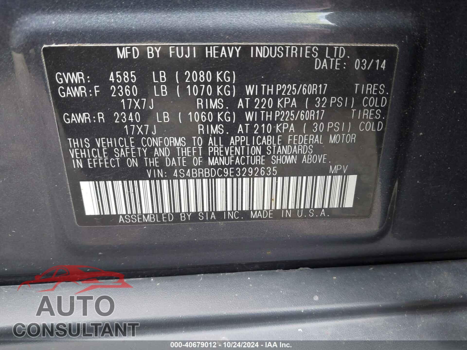 SUBARU OUTBACK 2014 - 4S4BRBDC9E3292635