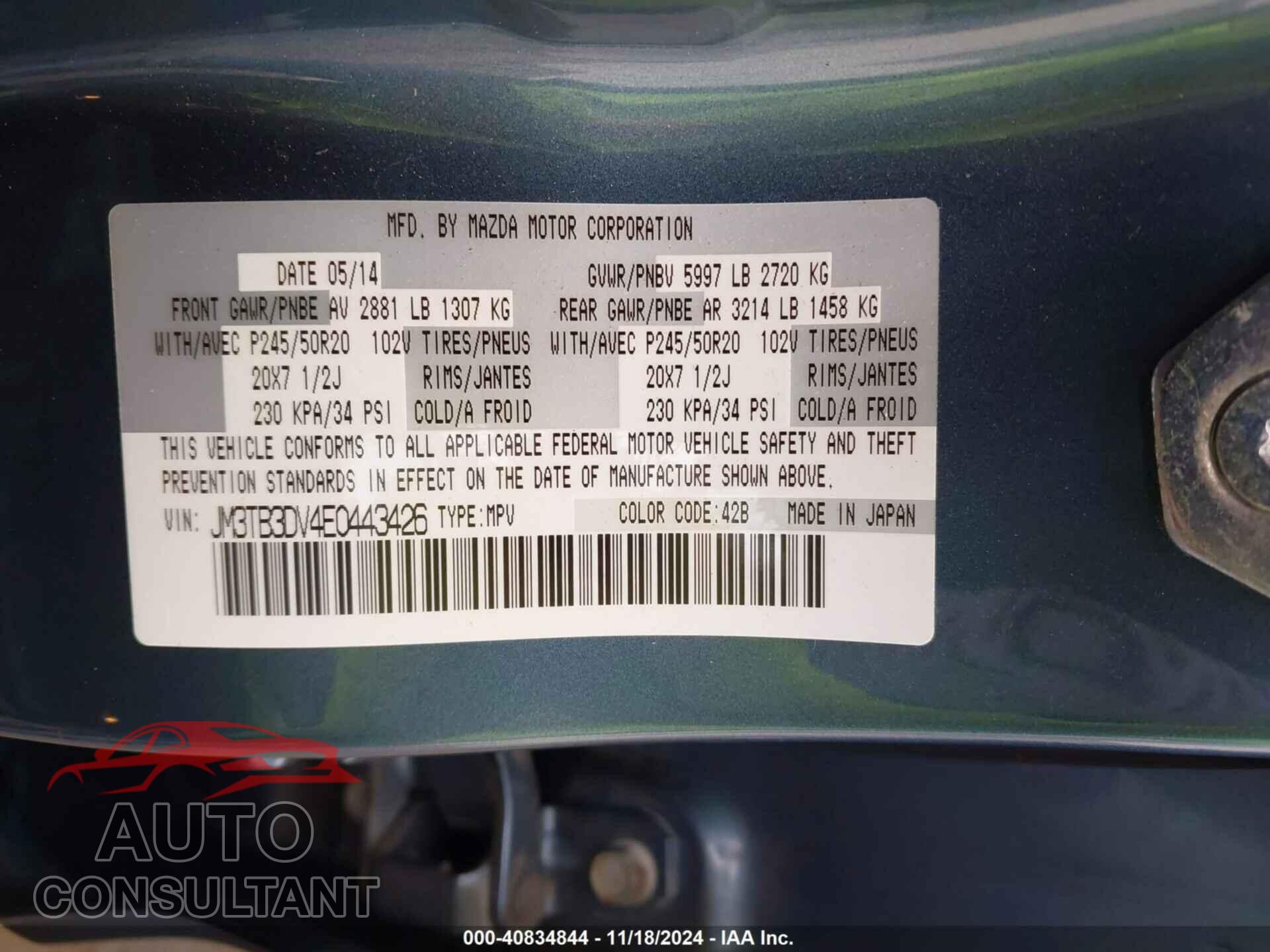 MAZDA CX-9 2014 - JM3TB3DV4E0443426