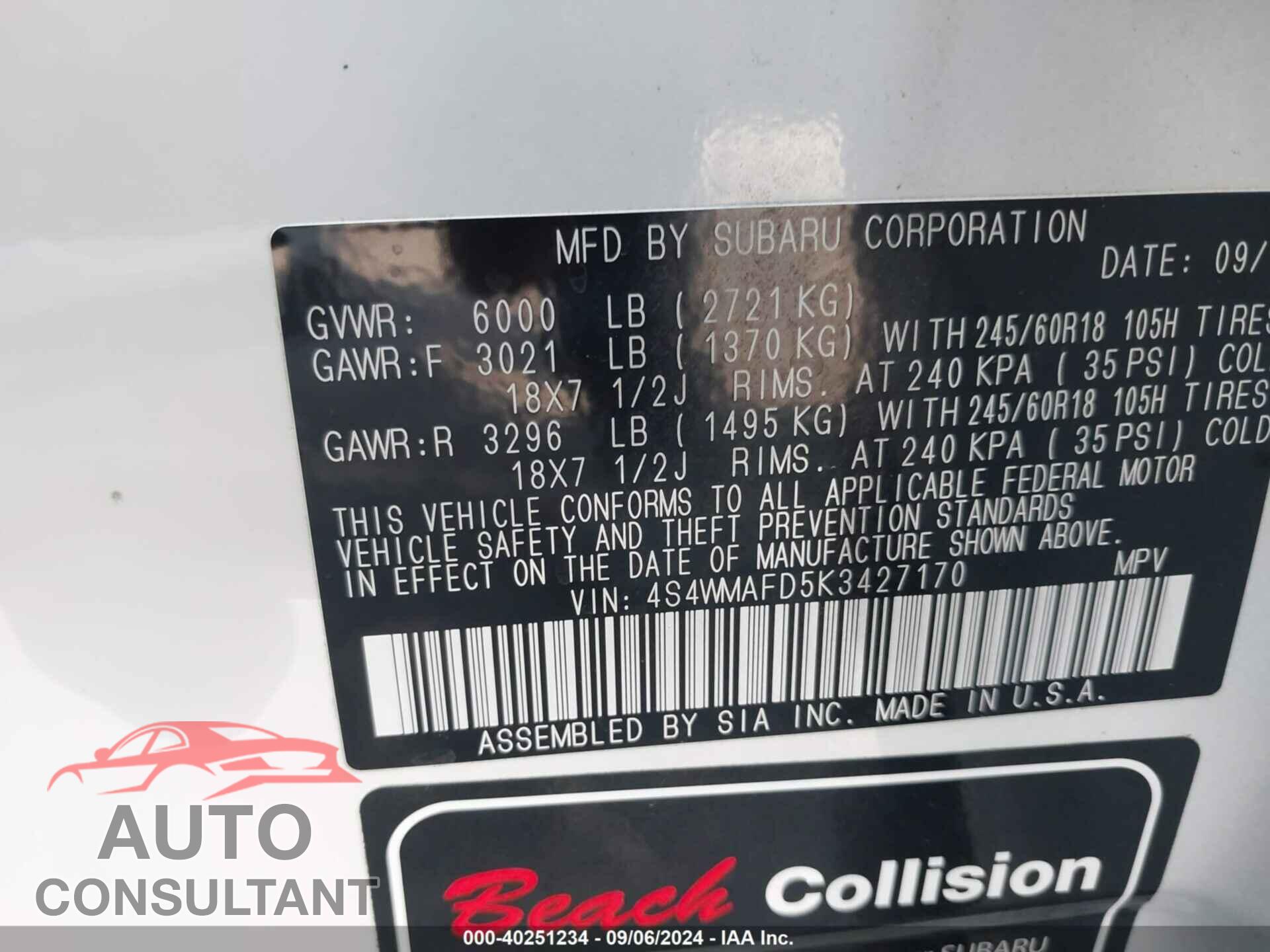 SUBARU ASCENT 2019 - 4S4WMAFD5K3427170