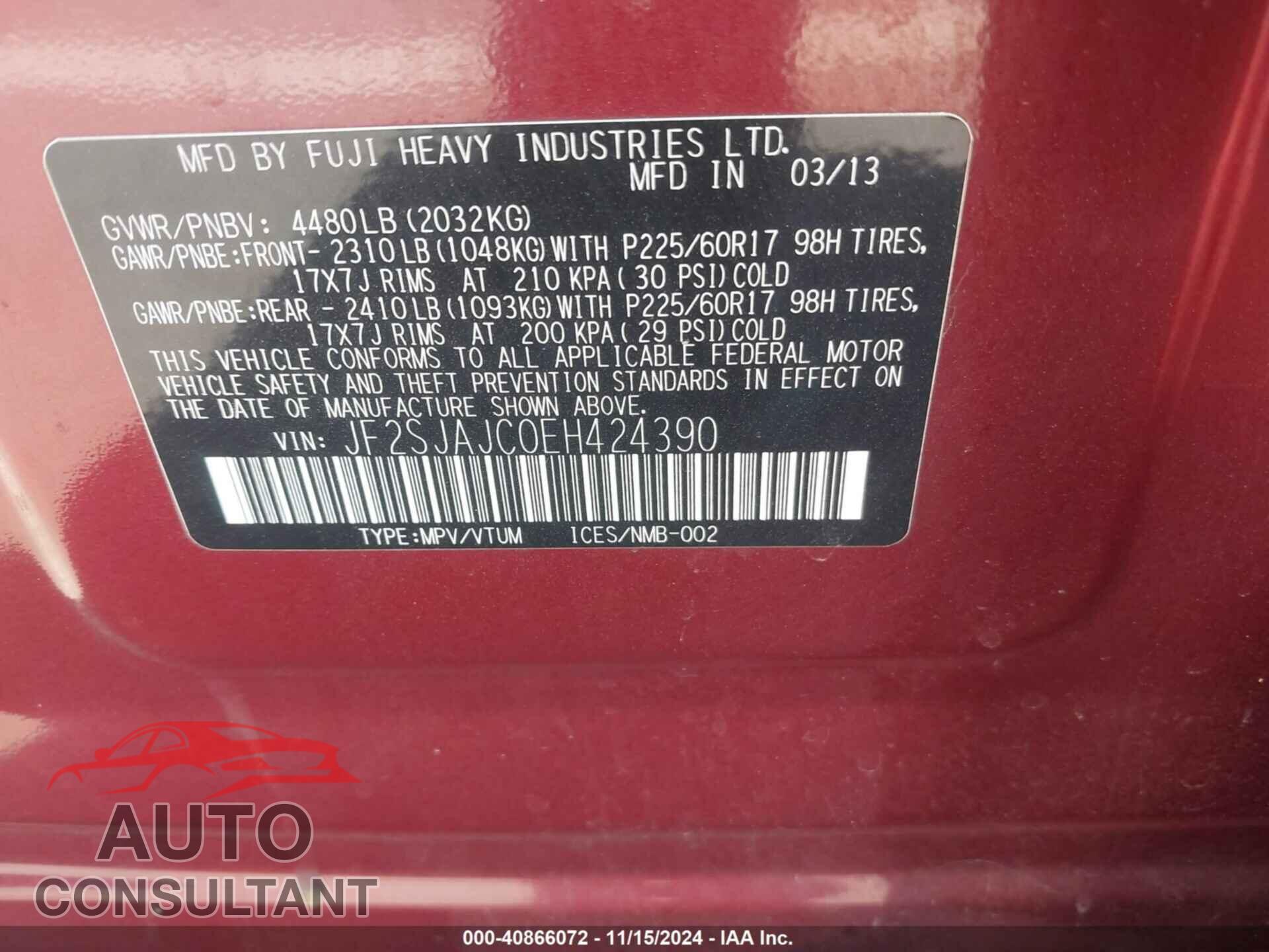 SUBARU FORESTER 2014 - JF2SJAJC0EH424390