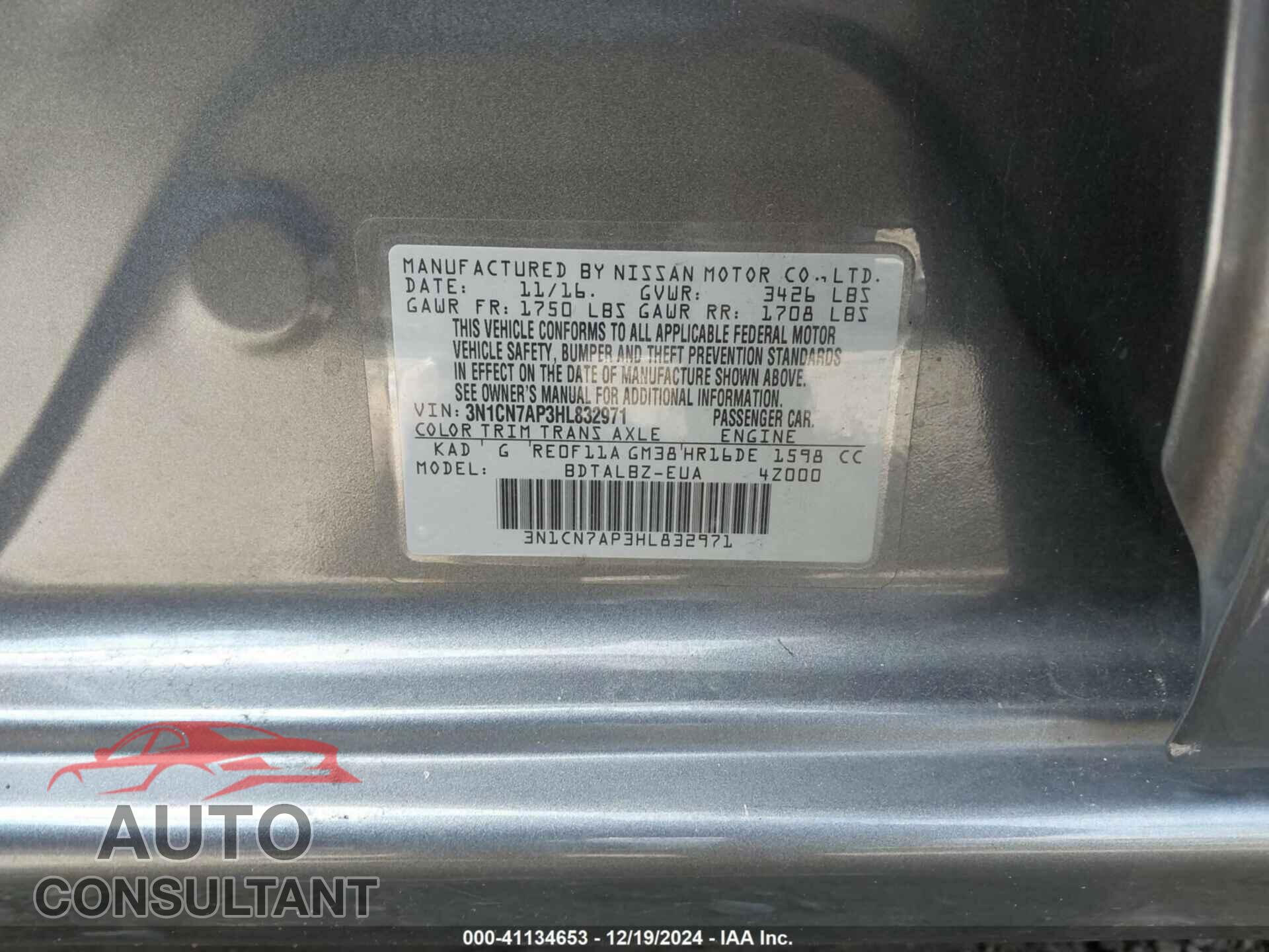 NISSAN VERSA 2017 - 3N1CN7AP3HL832971