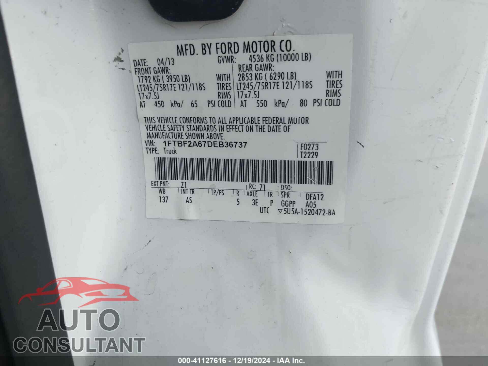 FORD F-250 2013 - 1FTBF2A67DEB36737
