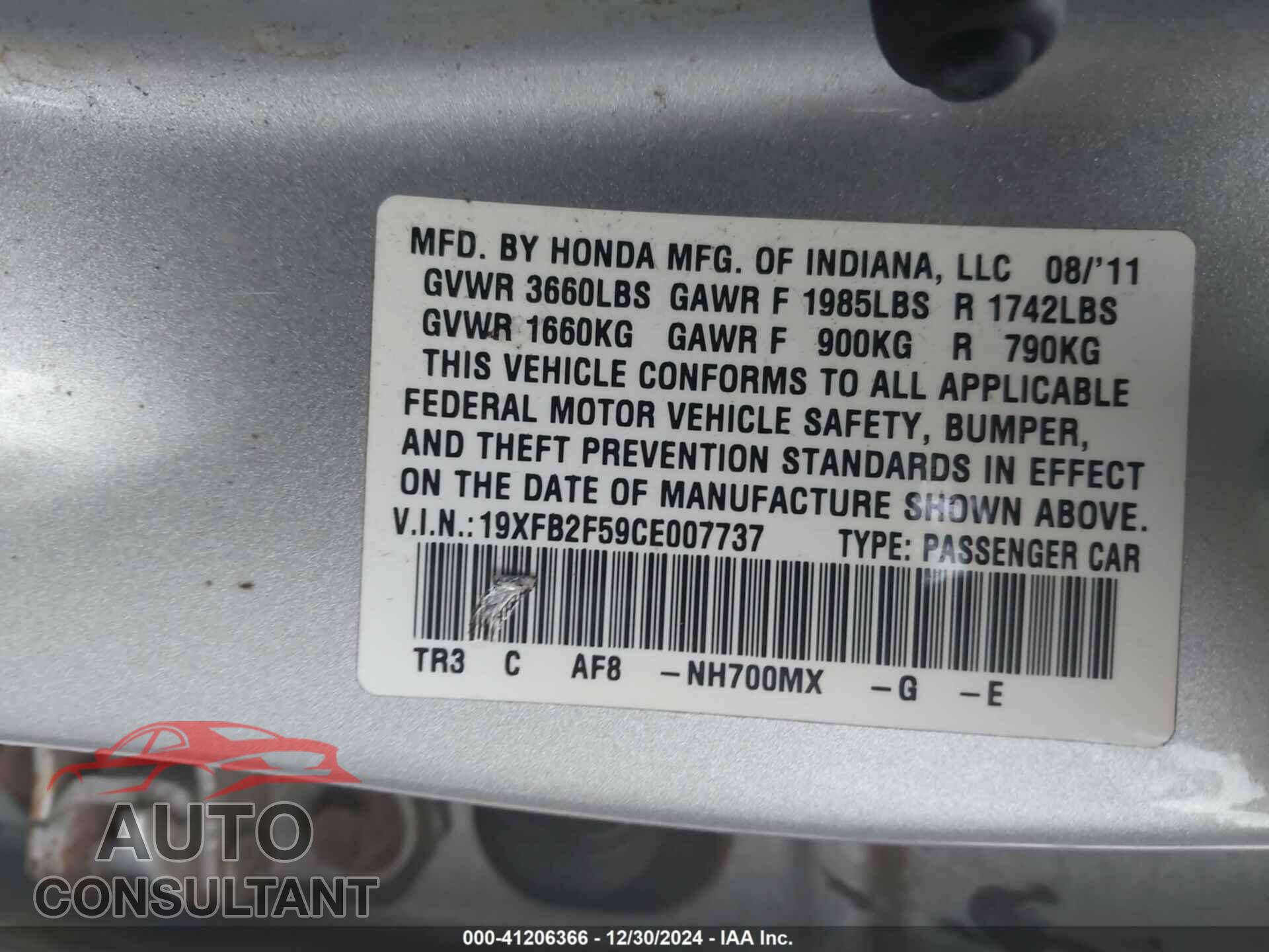 HONDA CIVIC SDN 2012 - 19XFB2F59CE007737