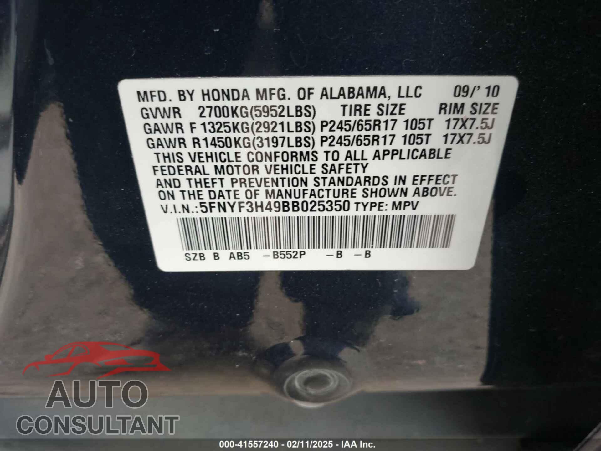 HONDA PILOT 2011 - 5FNYF3H49BB025350