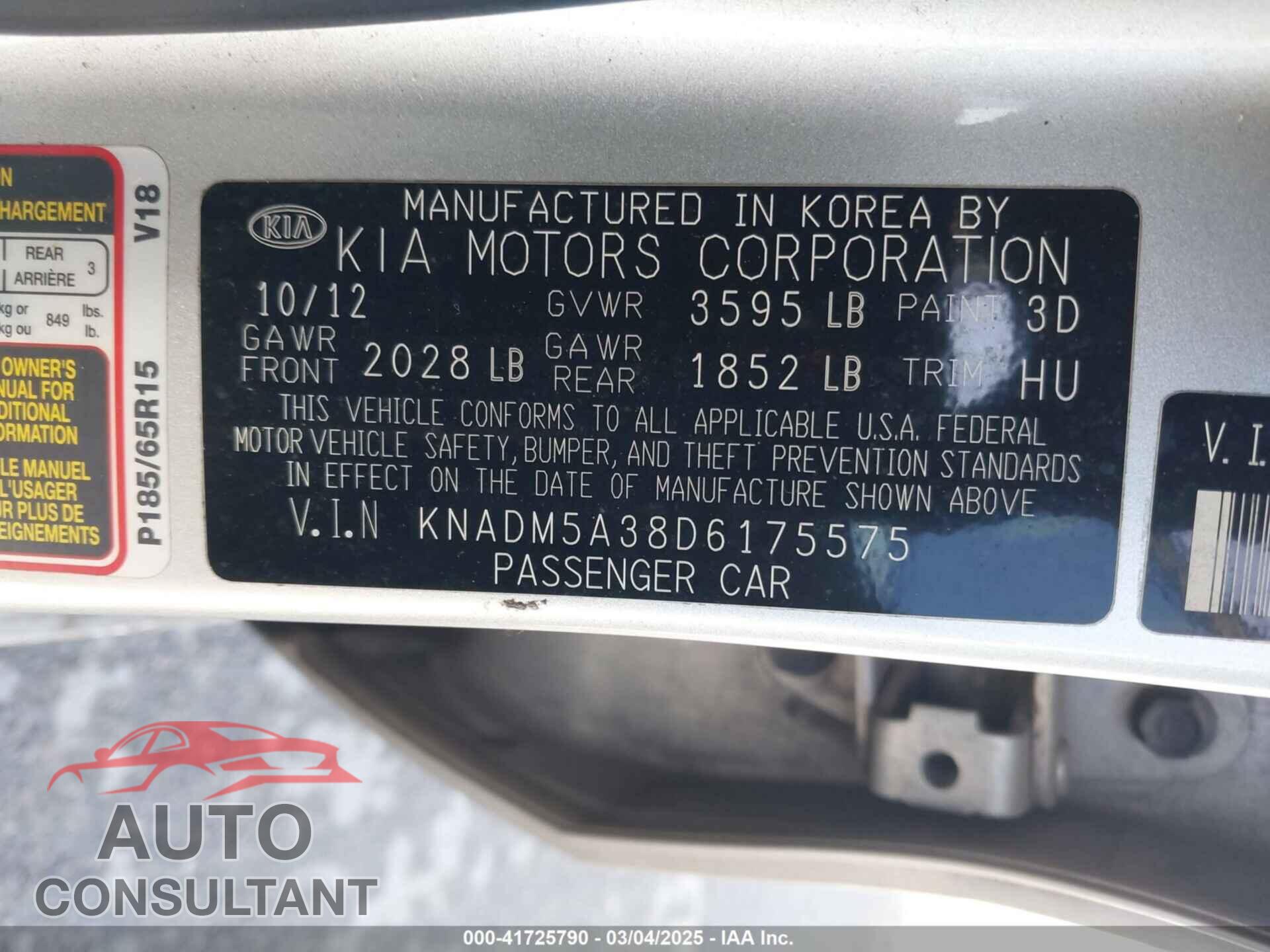 KIA RIO 2013 - KNADM5A38D6175575