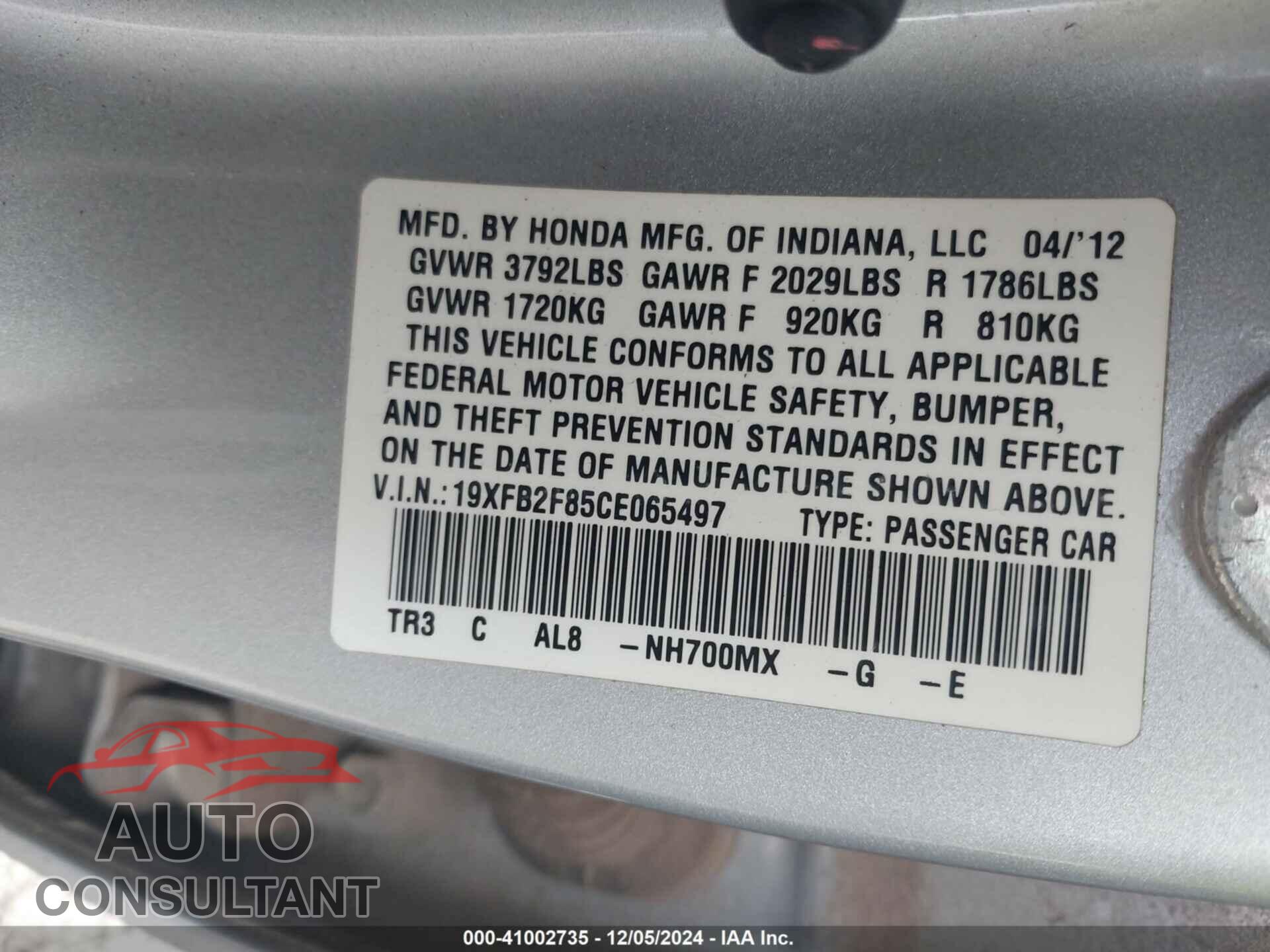 HONDA CIVIC 2012 - 19XFB2F85CE065497