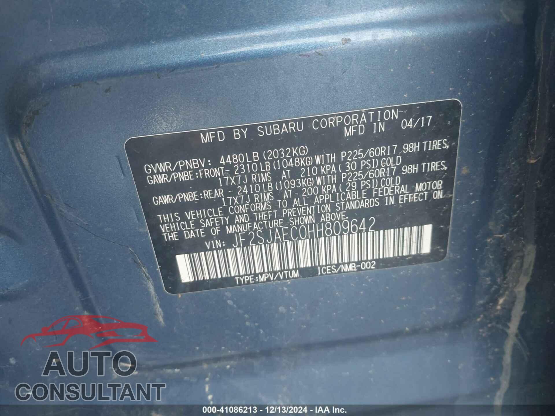 SUBARU FORESTER 2017 - JF2SJAEC0HH809642