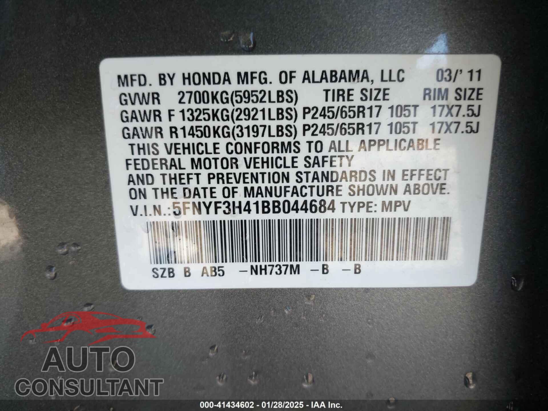 HONDA PILOT 2011 - 5FNYF3H41BB044684