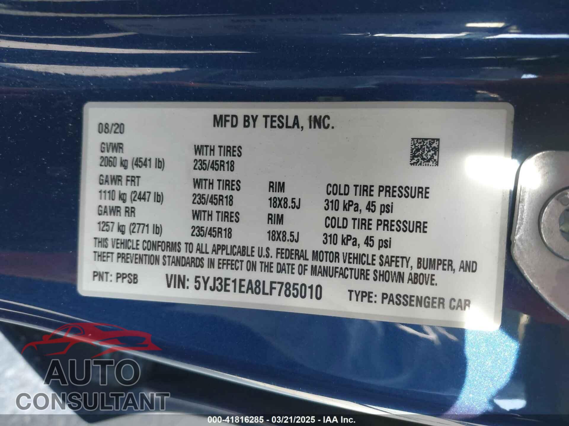 TESLA MODEL 3 2020 - 5YJ3E1EA8LF785010