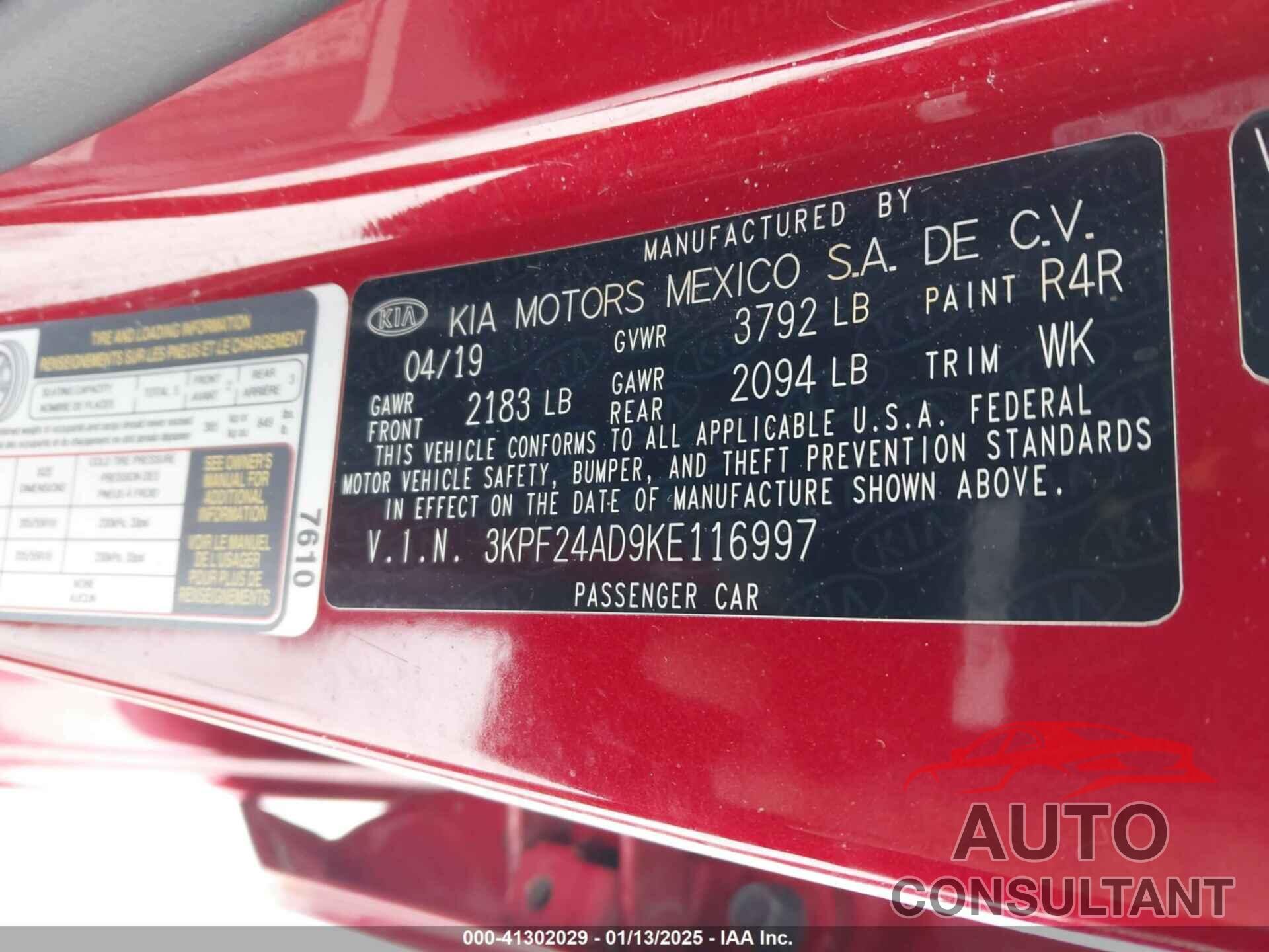 KIA FORTE 2019 - 3KPF24AD9KE116997