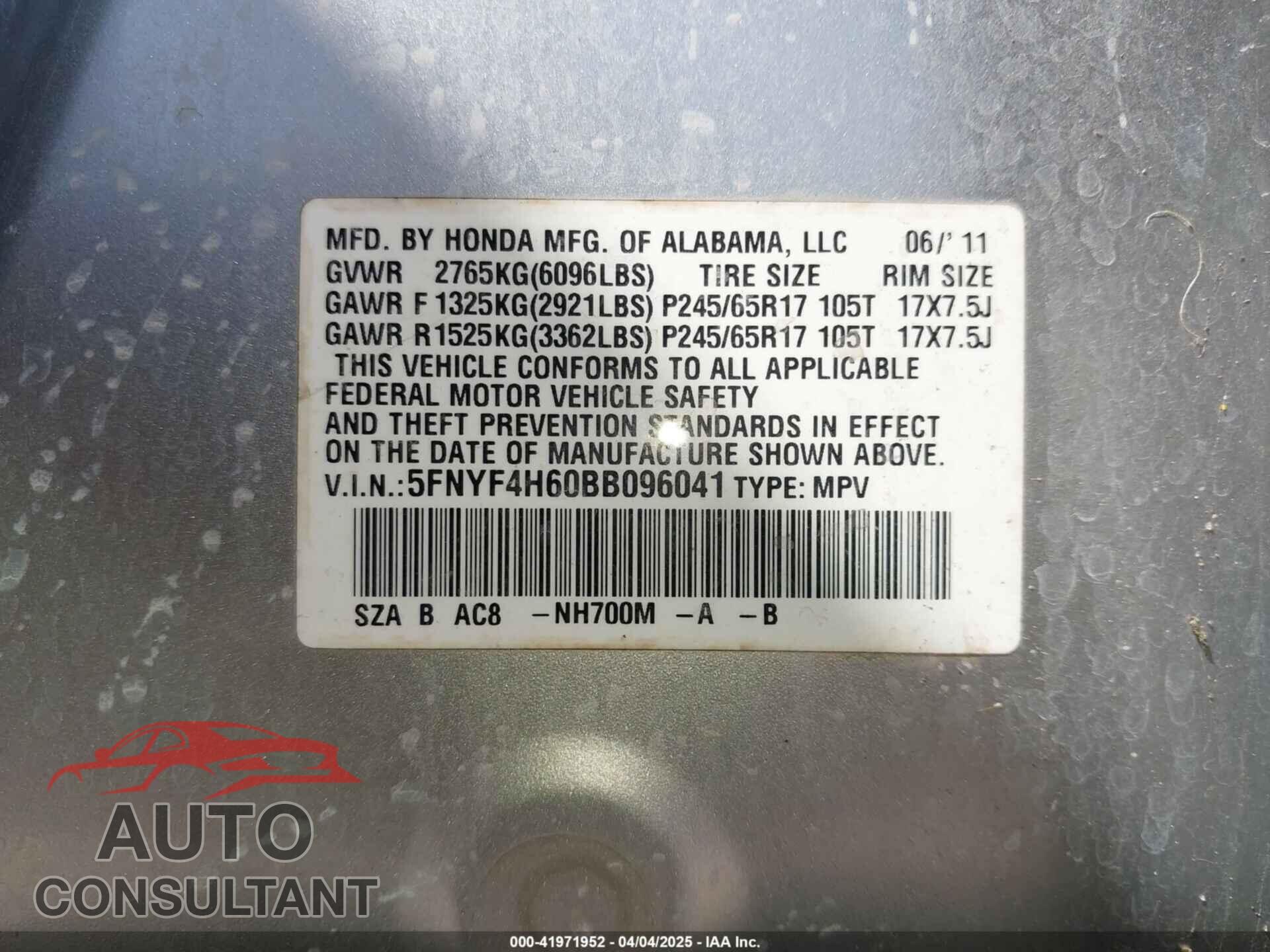 HONDA PILOT 2011 - 5FNYF4H60BB096041