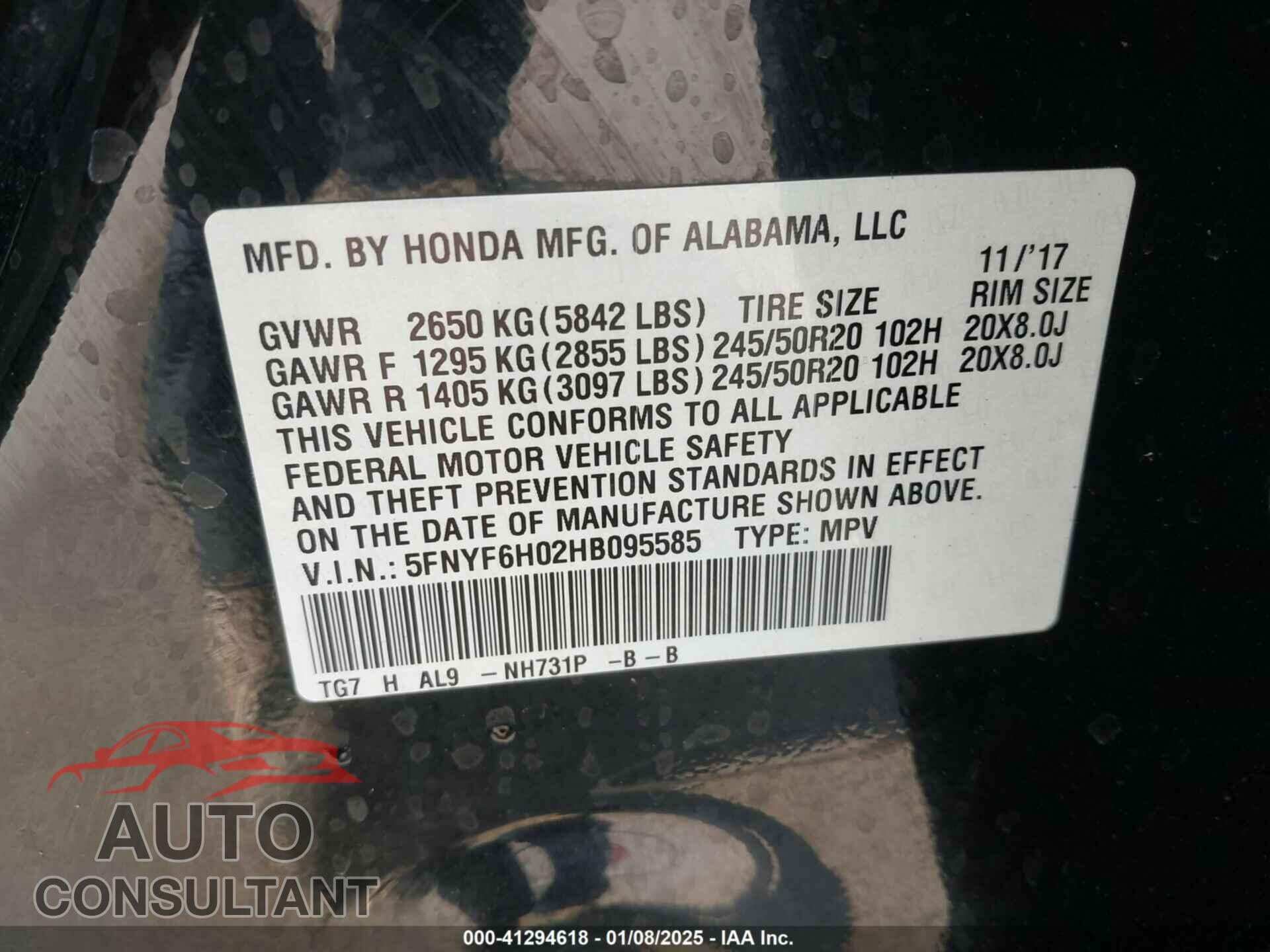 HONDA PILOT 2017 - 5FNYF6H02HB095585