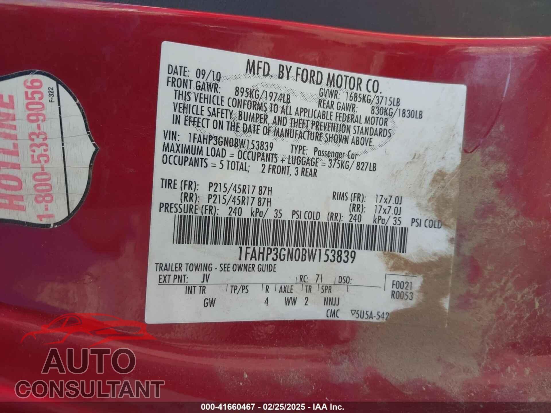 FORD FOCUS 2011 - 1FAHP3GN0BW153839