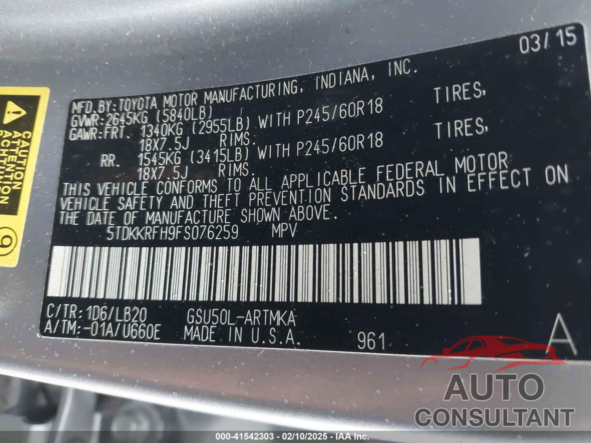 TOYOTA HIGHLANDER 2015 - 5TDKKRFH9FS076259