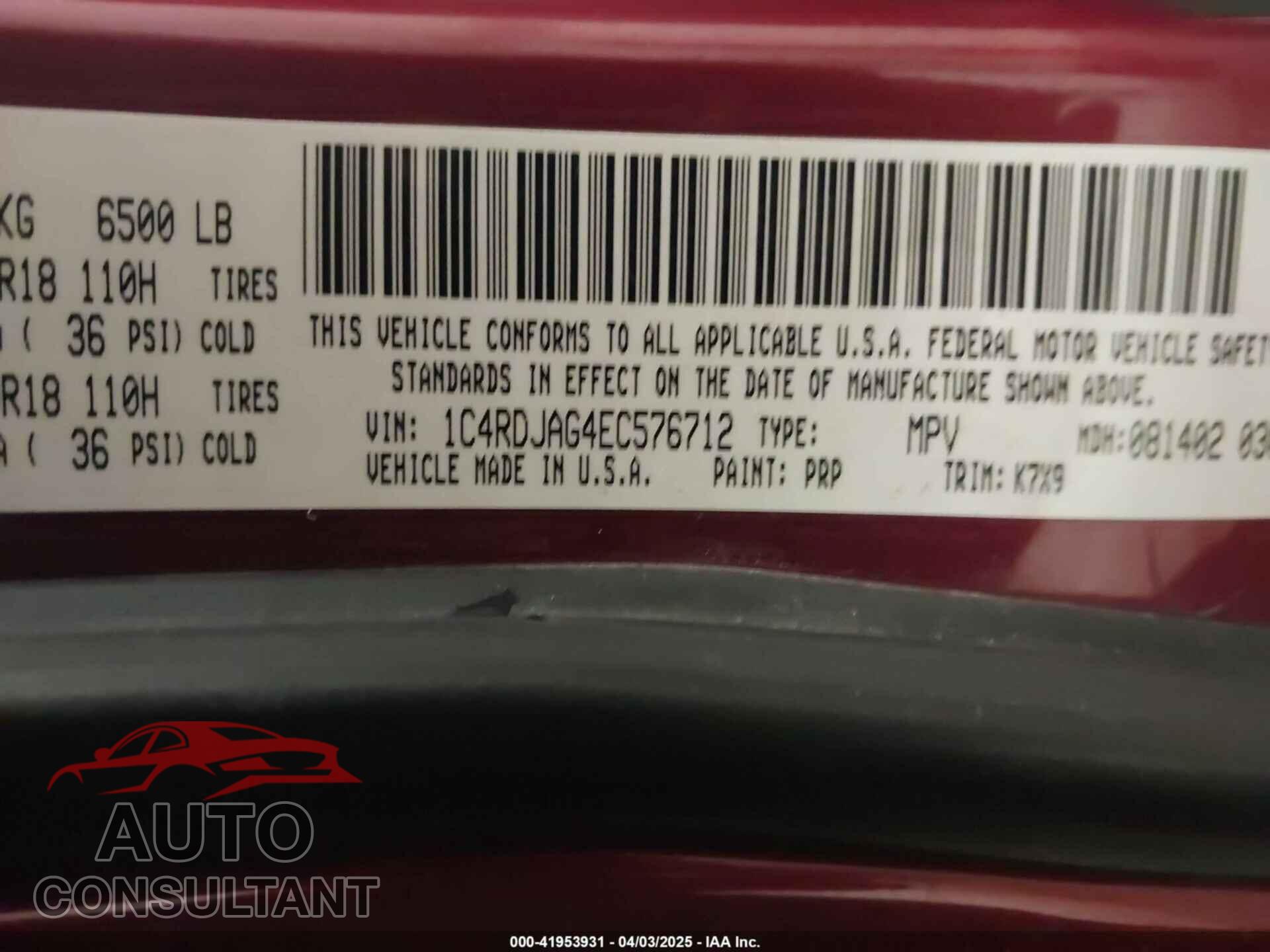 DODGE DURANGO 2014 - 1C4RDJAG4EC576712