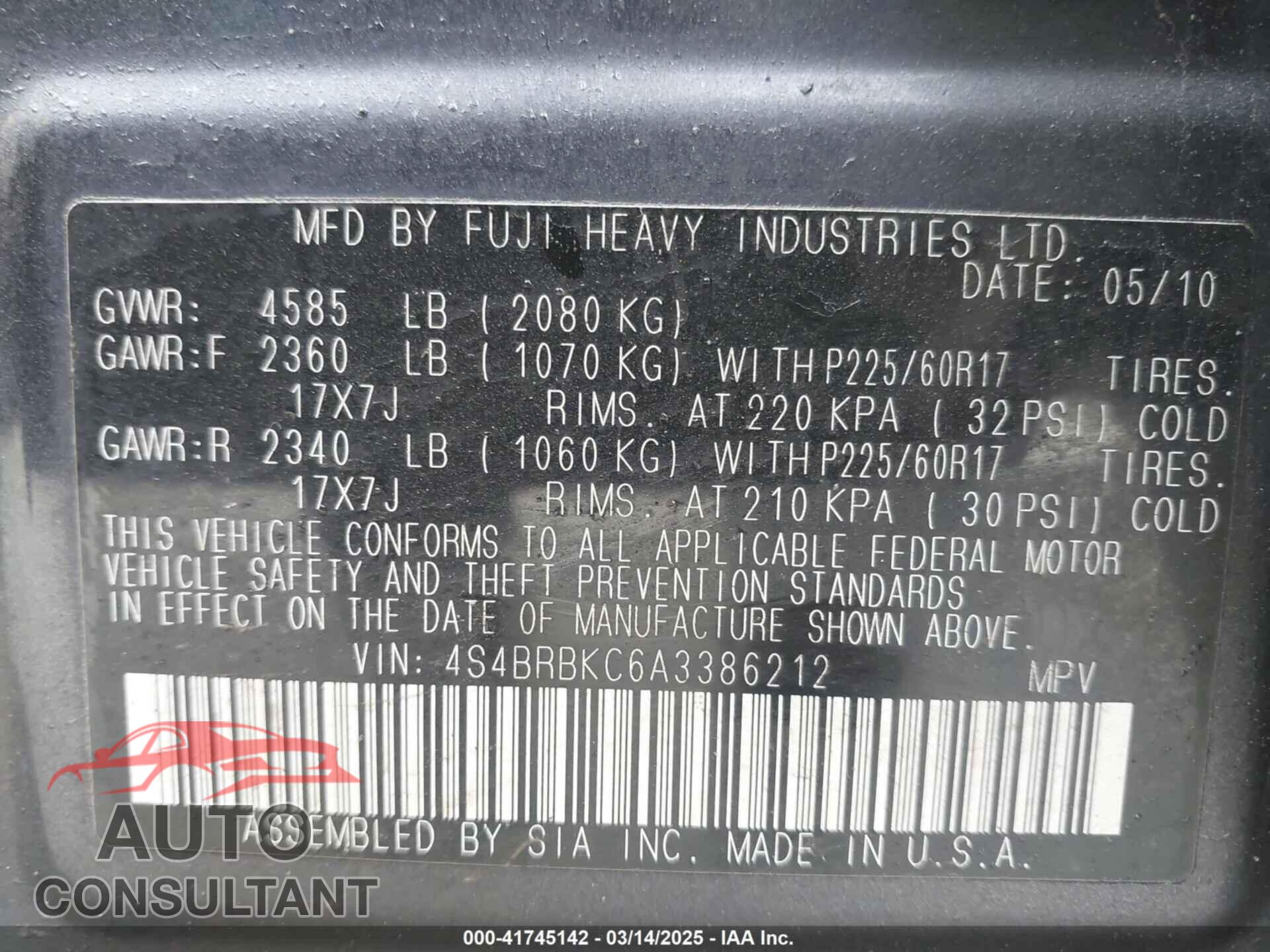 SUBARU OUTBACK 2010 - 4S4BRBKC6A3386212