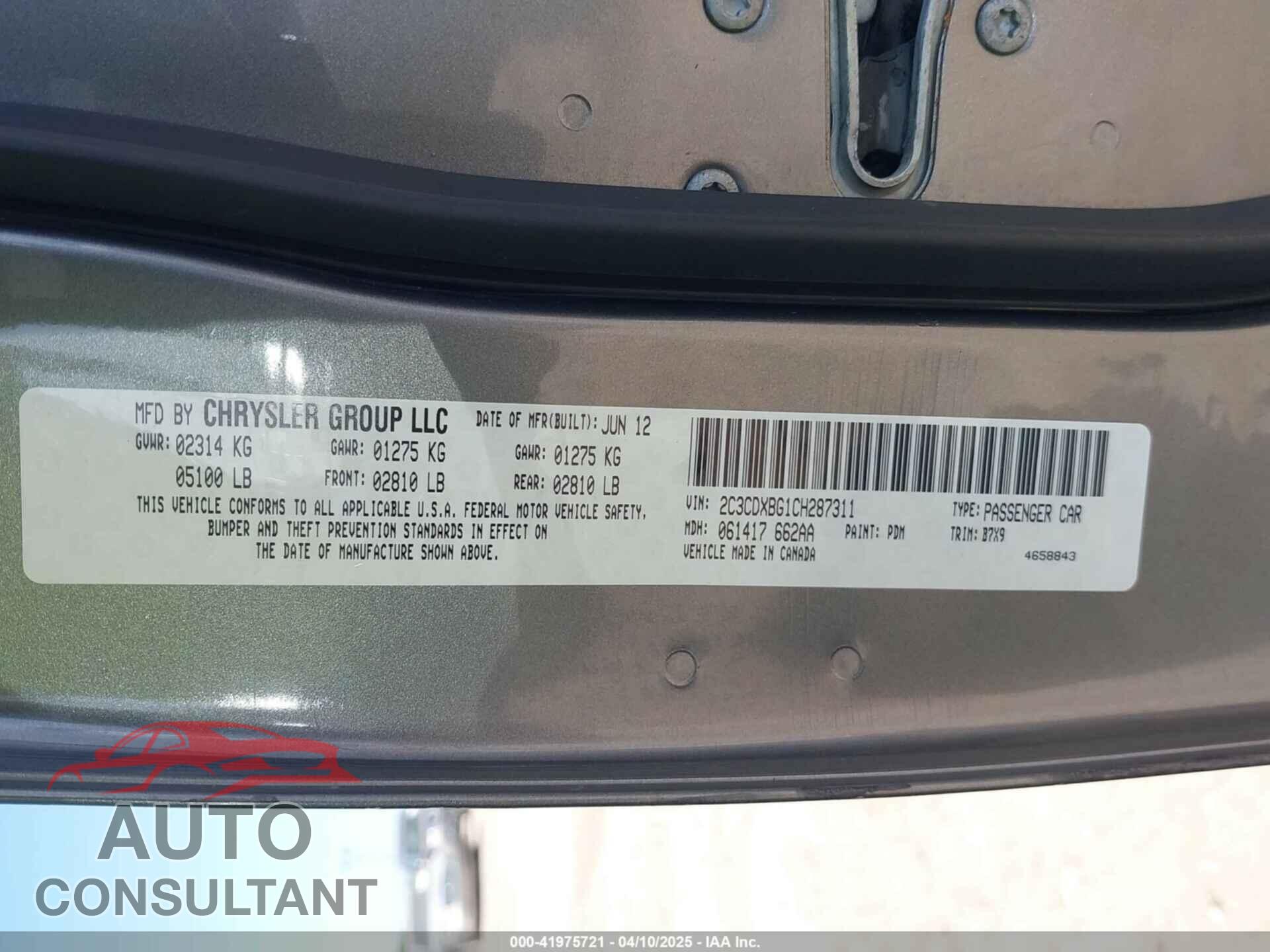 DODGE CHARGER 2012 - 2C3CDXBG1CH287311