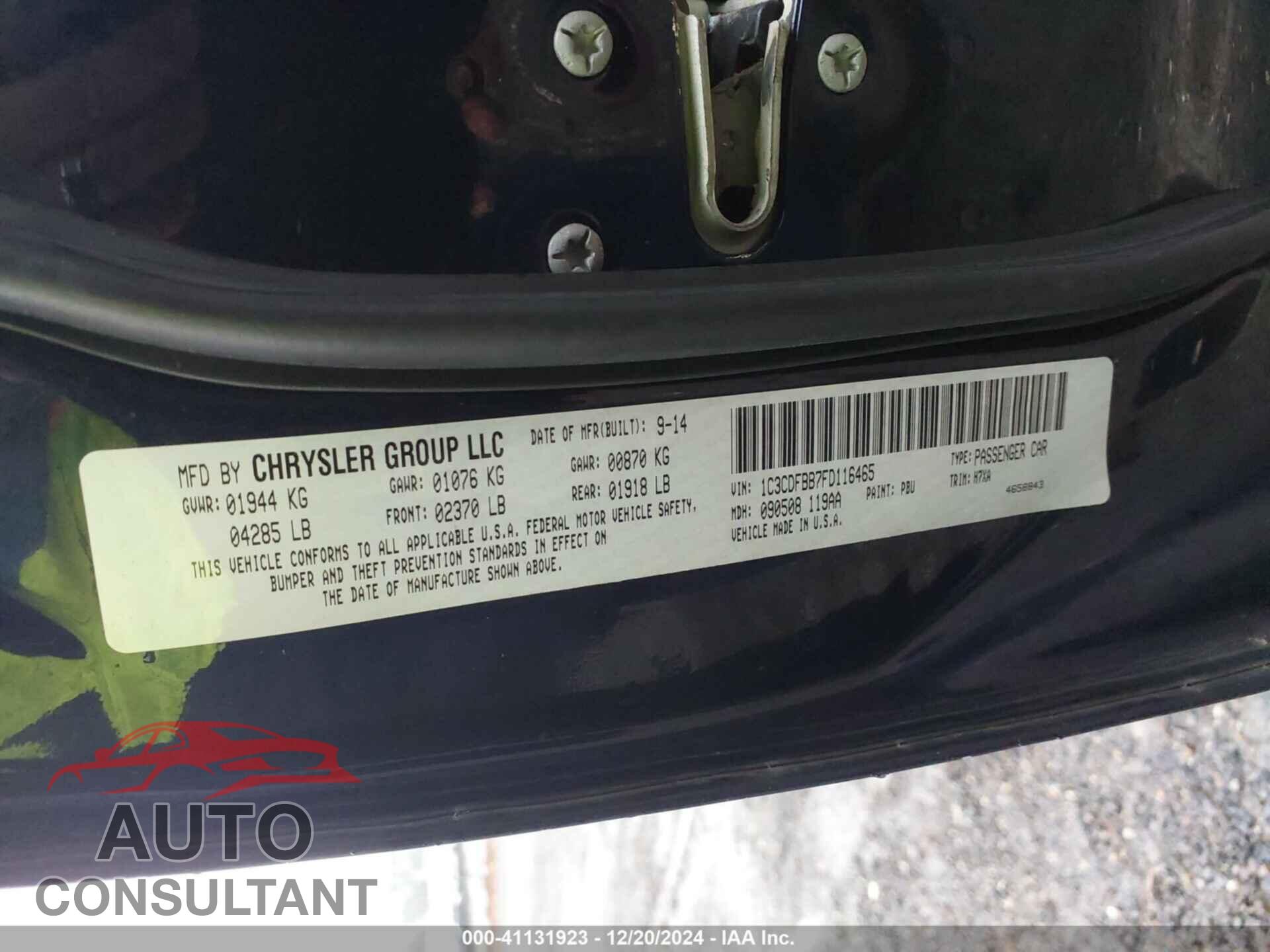 DODGE DART 2015 - 1C3CDFBB7FD116465