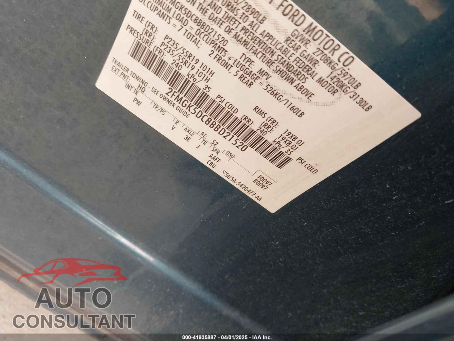 FORD FLEX 2011 - 2FMGK5DC8BBD21520