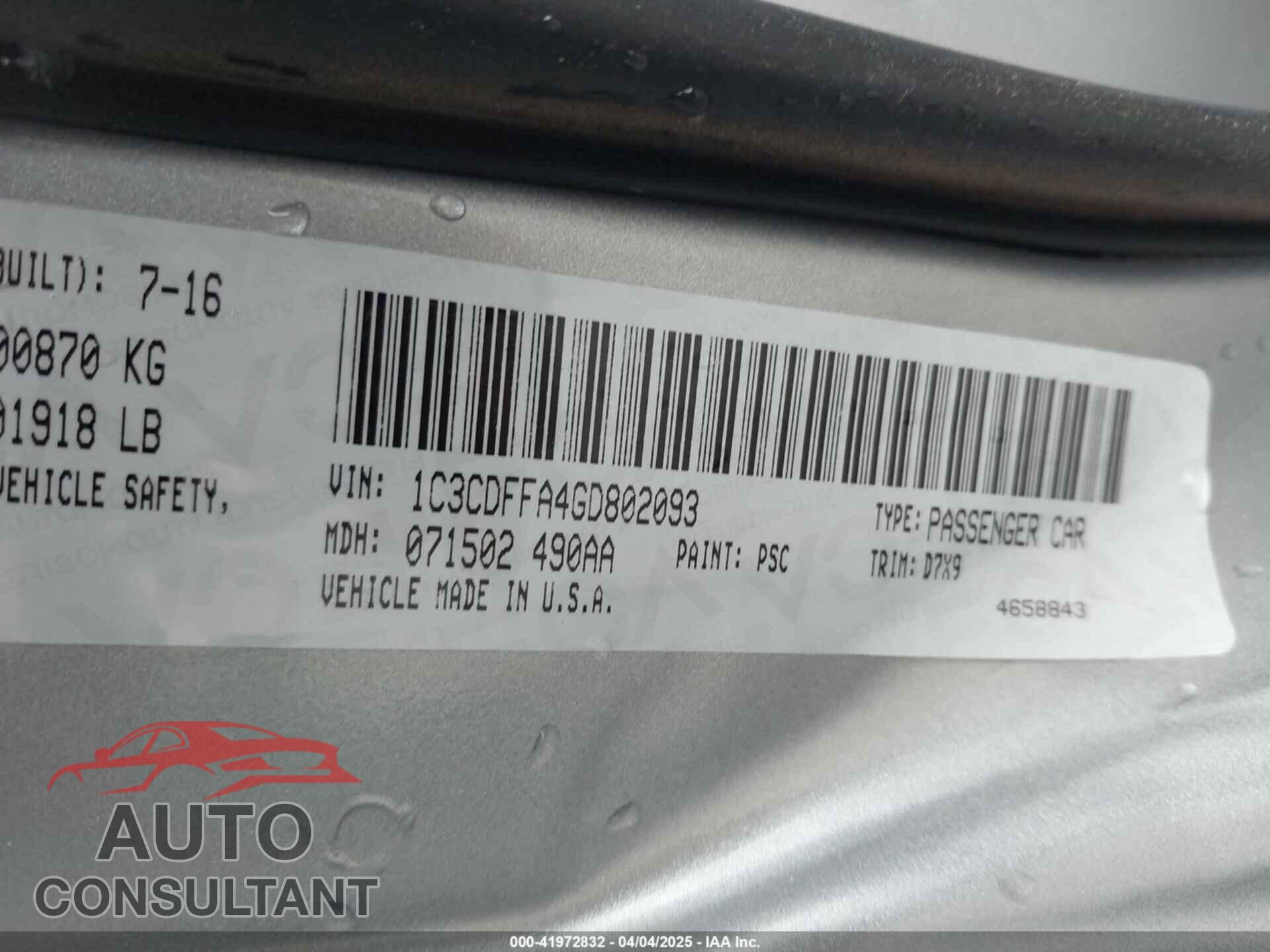 DODGE DART 2016 - 1C3CDFFA4GD802093