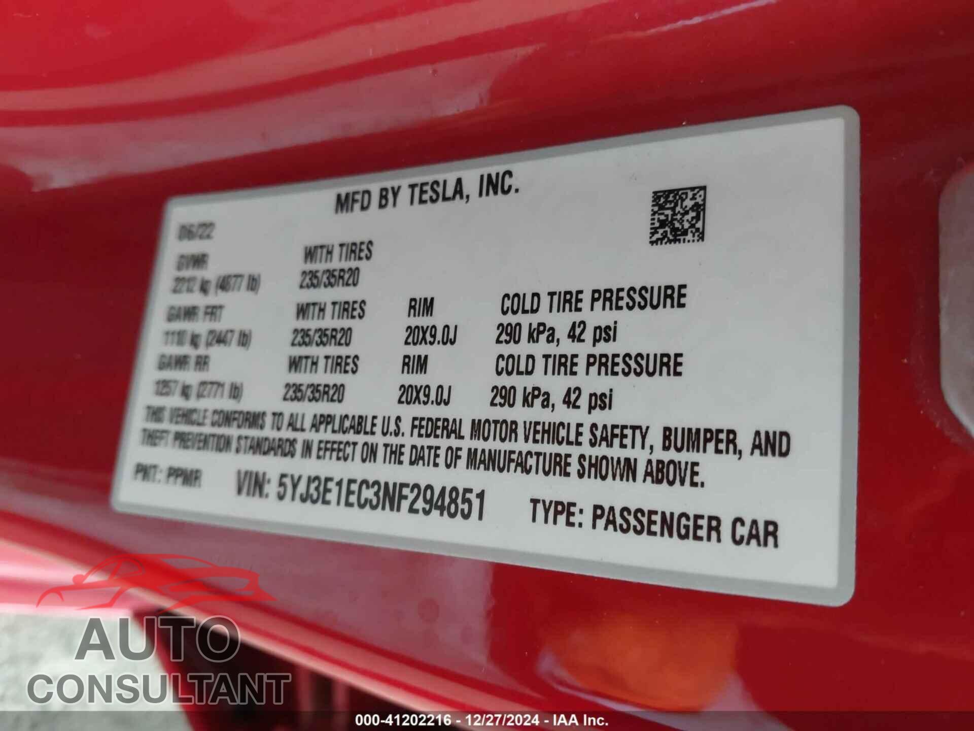 TESLA MODEL 3 2022 - 5YJ3E1EC3NF294851