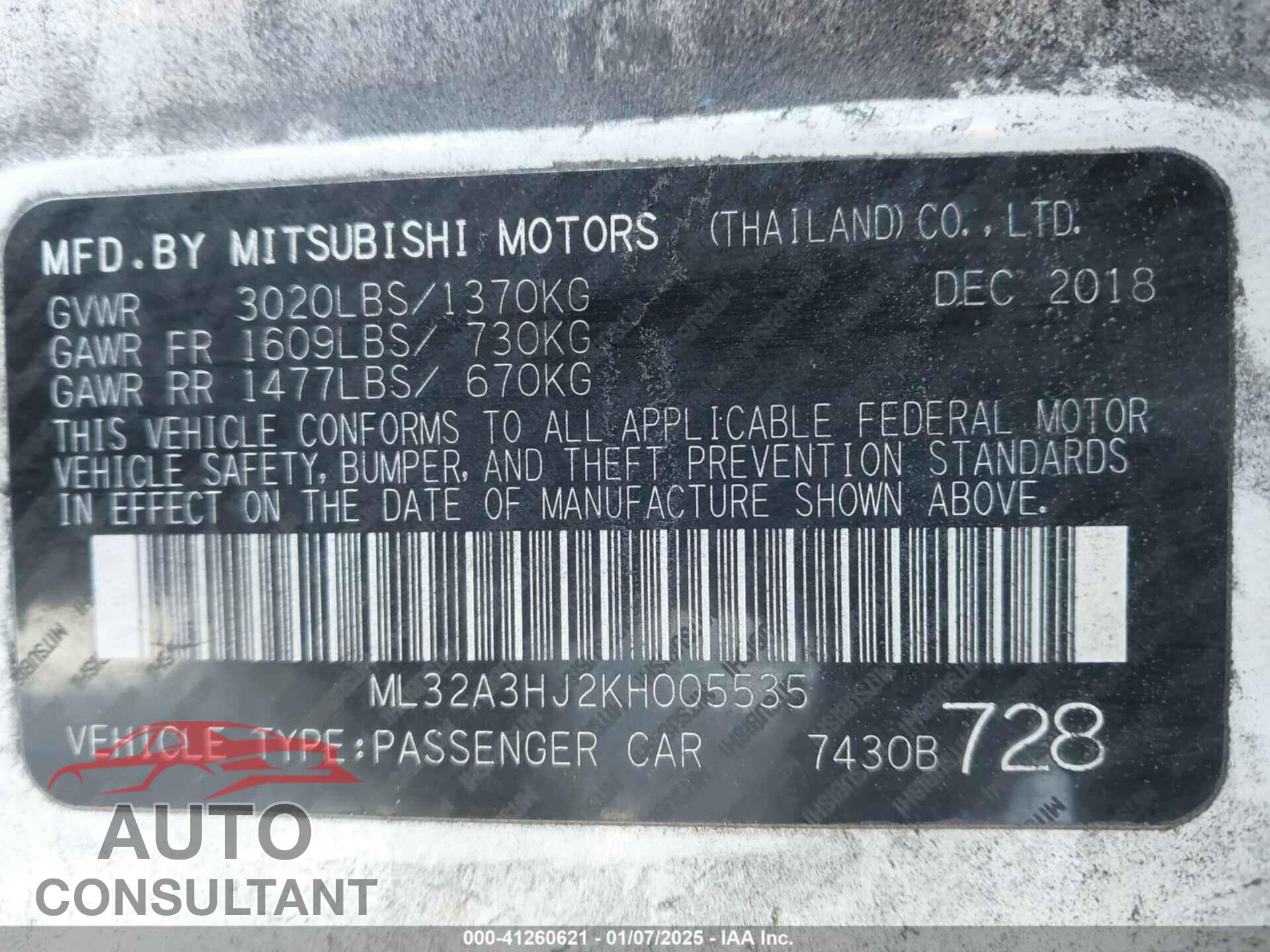 MITSUBISHI MIRAGE 2019 - ML32A3HJ2KH005535