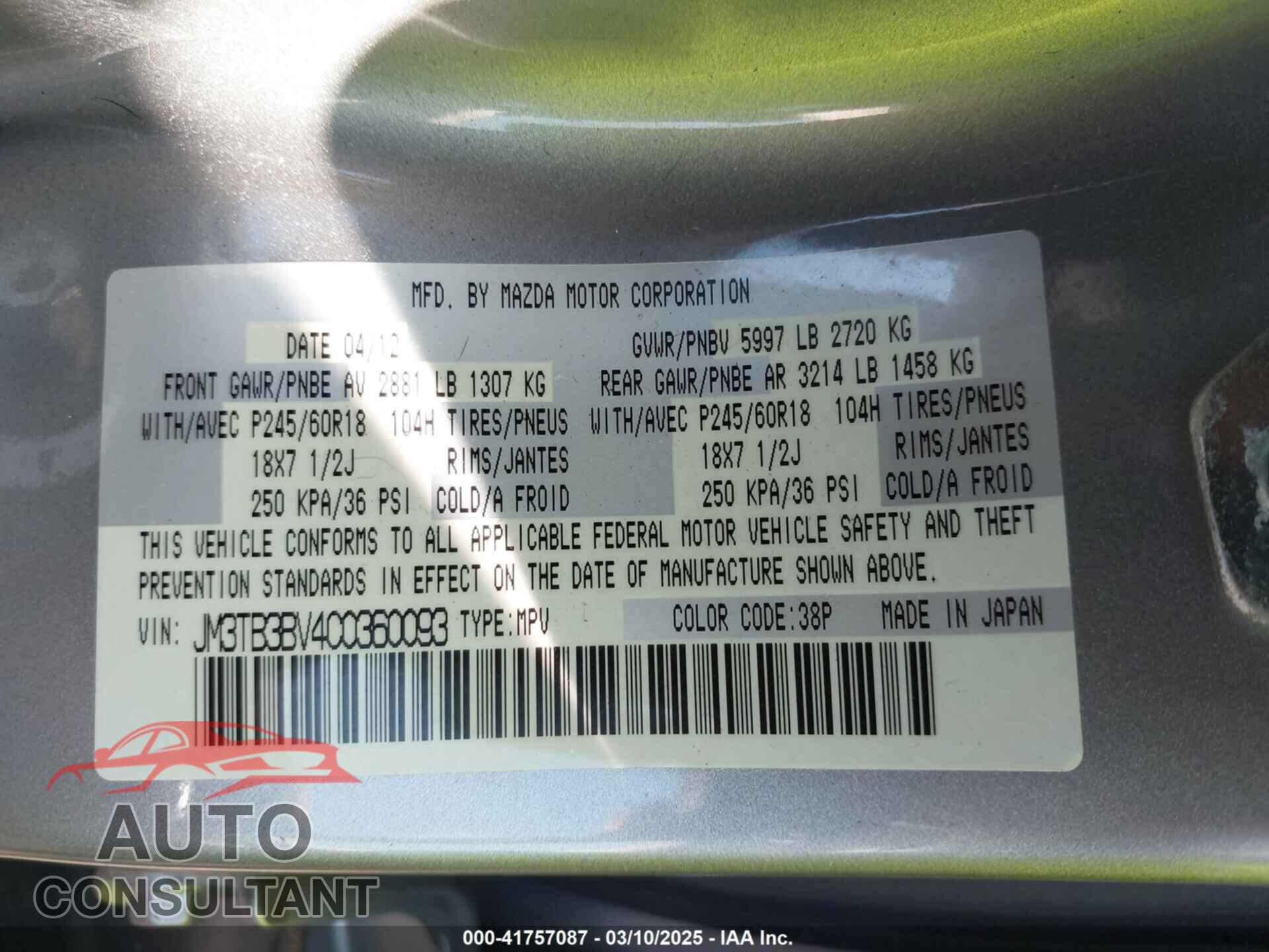 MAZDA CX-9 2012 - JM3TB3BV4C0360093