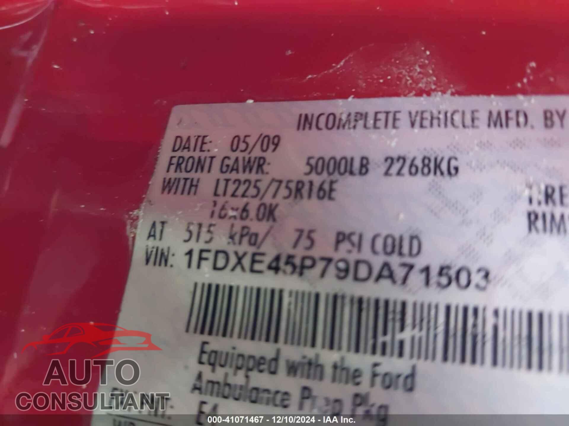 FORD E-450 CUTAWAY 2009 - 1FDXE45P79DA71503