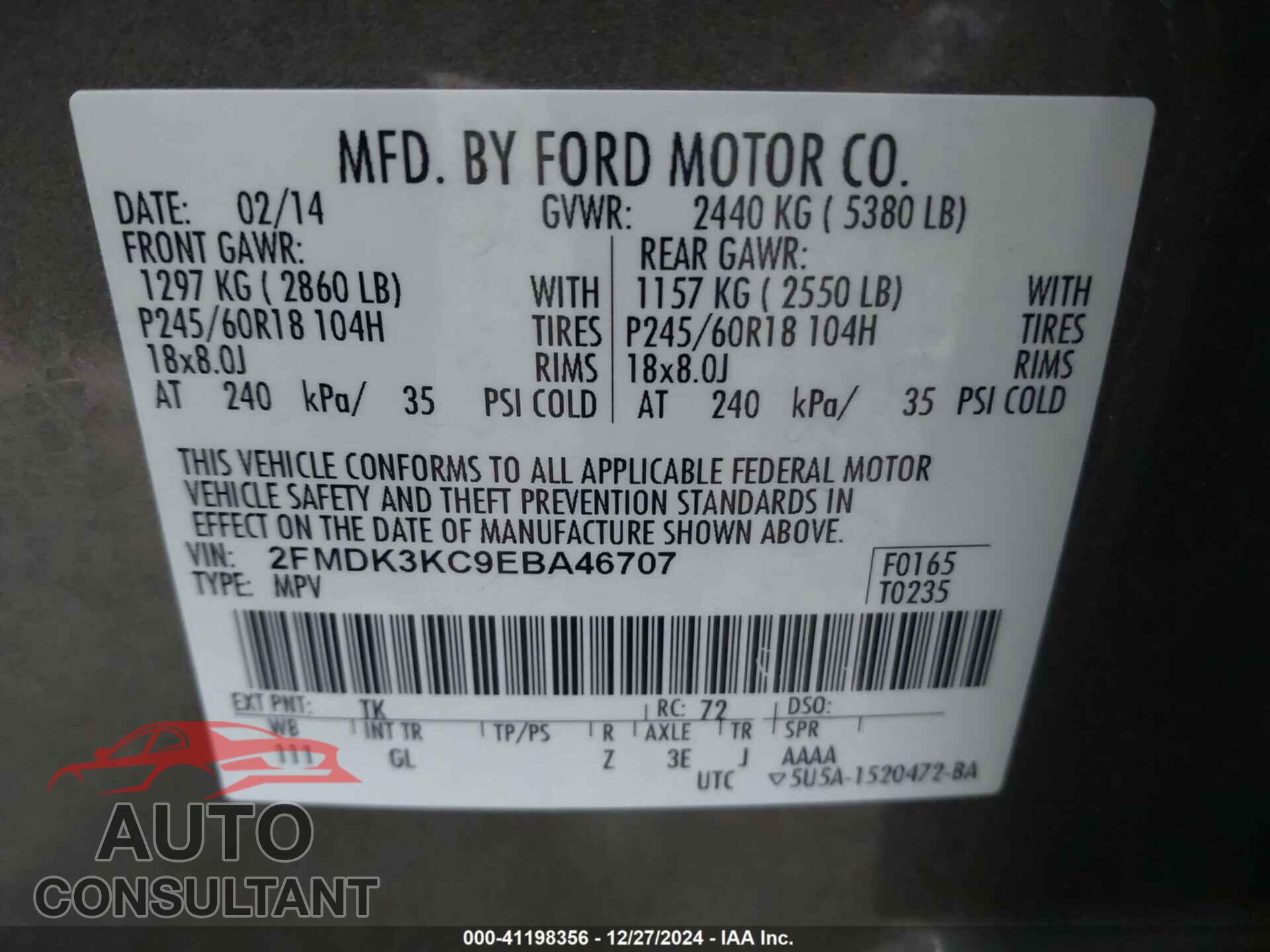 FORD EDGE 2014 - 2FMDK3KC9EBA46707