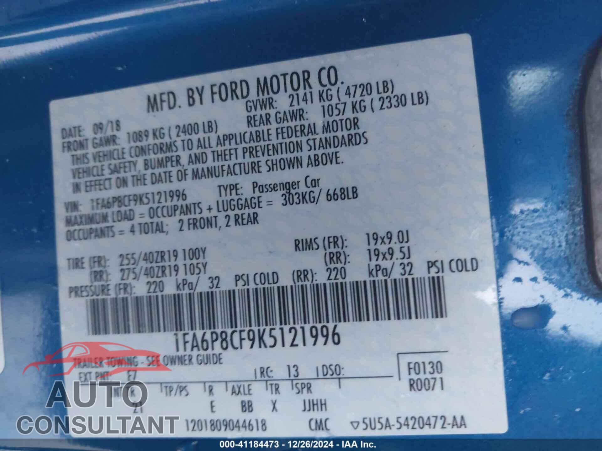 FORD MUSTANG 2019 - 1FA6P8CF9K5121996