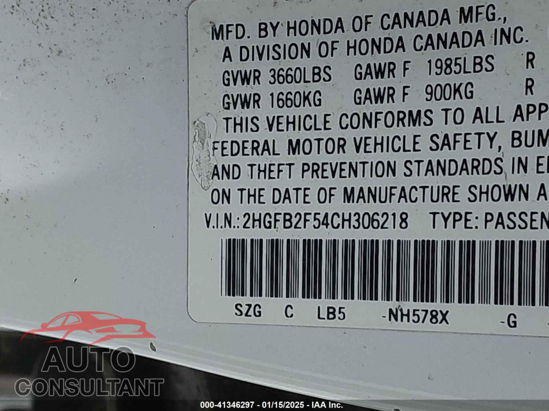 HONDA CIVIC SDN 2012 - 2HGFB2F54CH306218