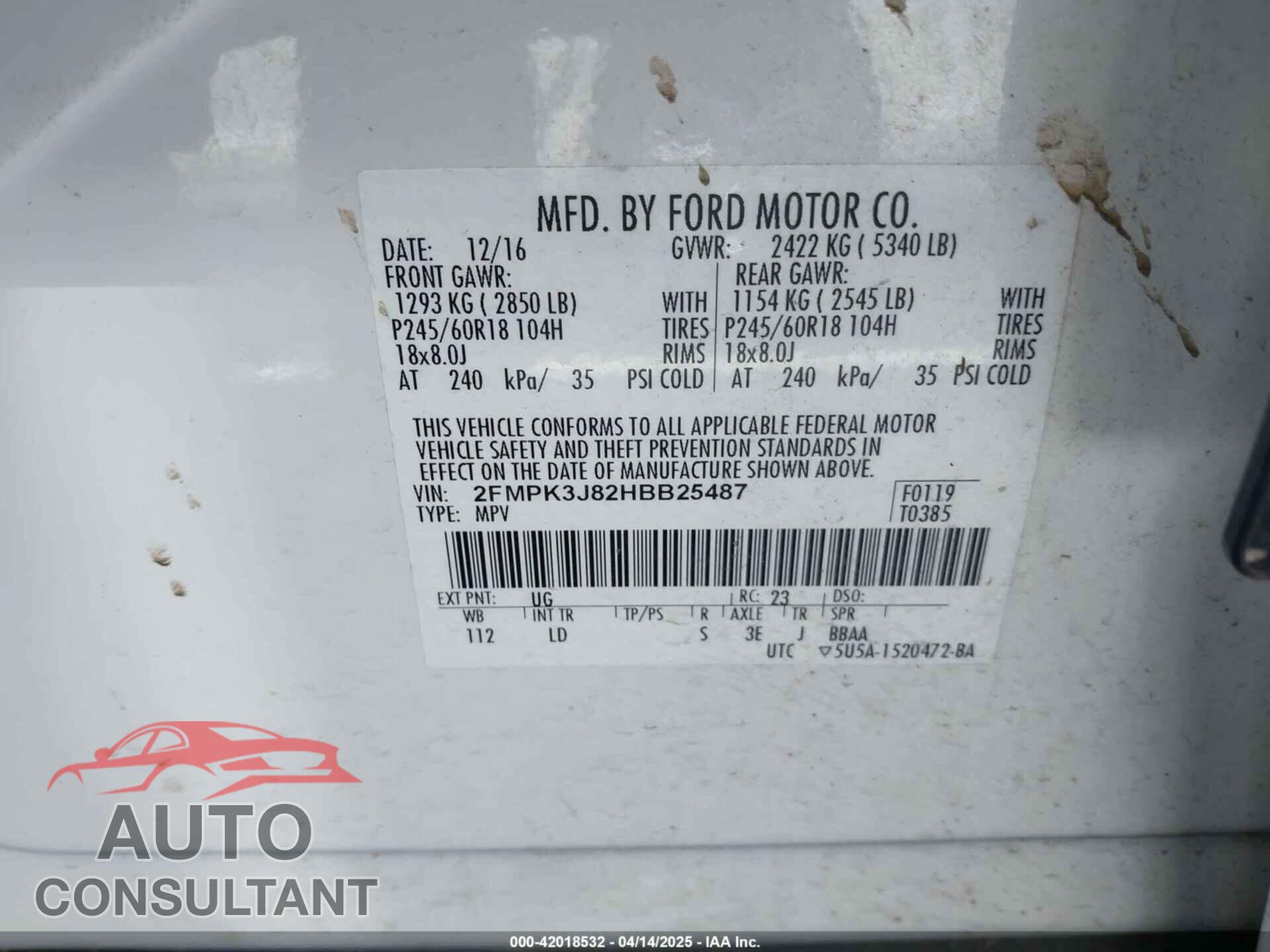 FORD EDGE 2017 - 2FMPK3J82HBB25487