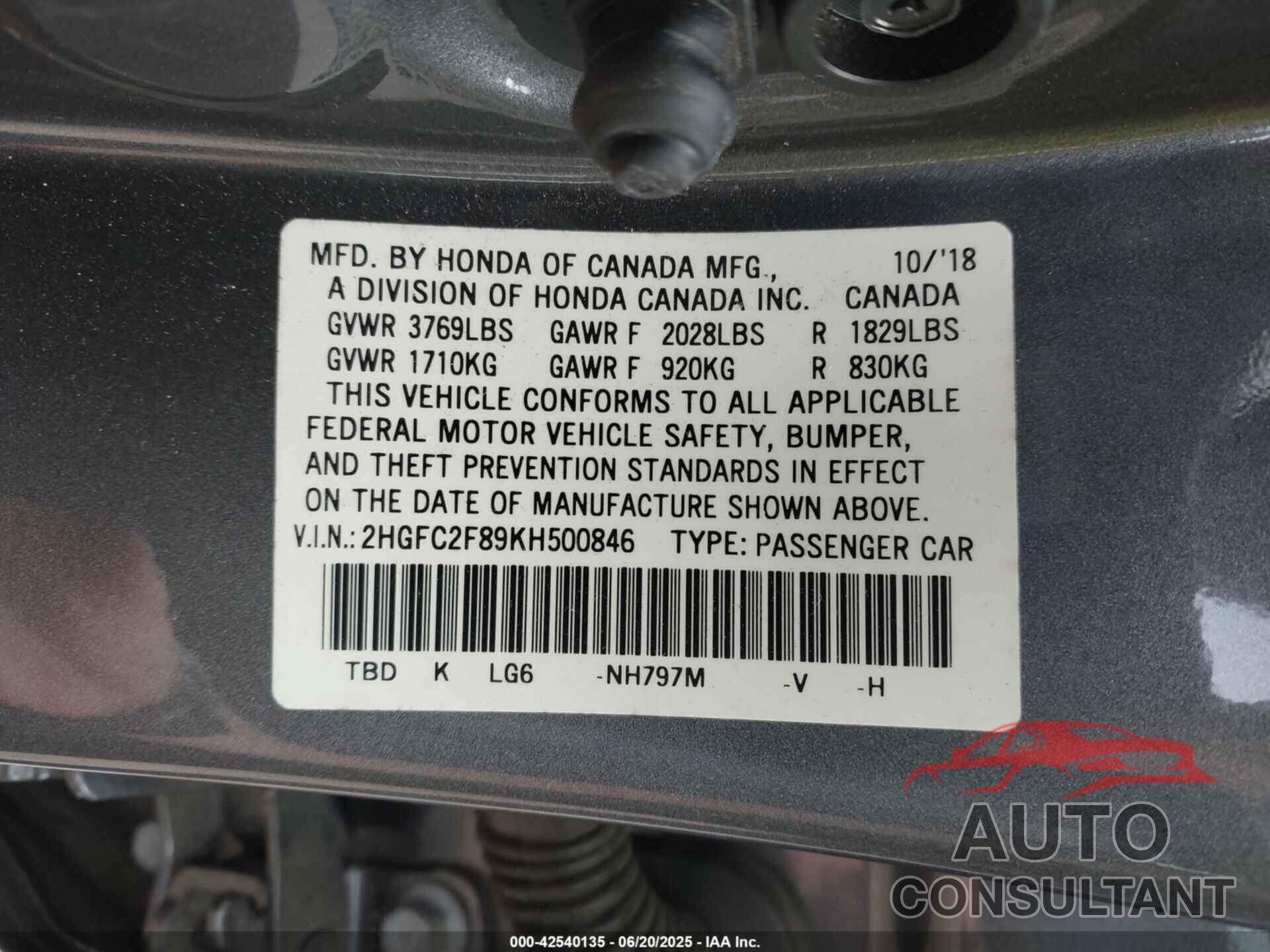 HONDA CIVIC 2019 - 2HGFC2F89KH500846