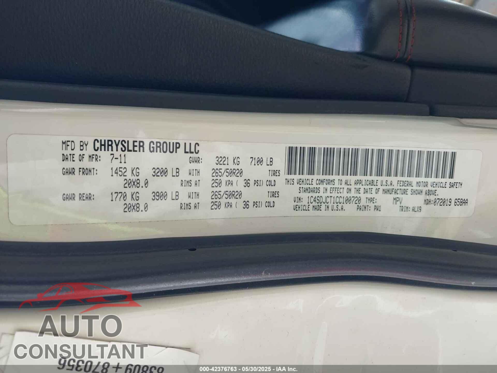 DODGE DURANGO 2012 - 1C4SDJCT1CC100720