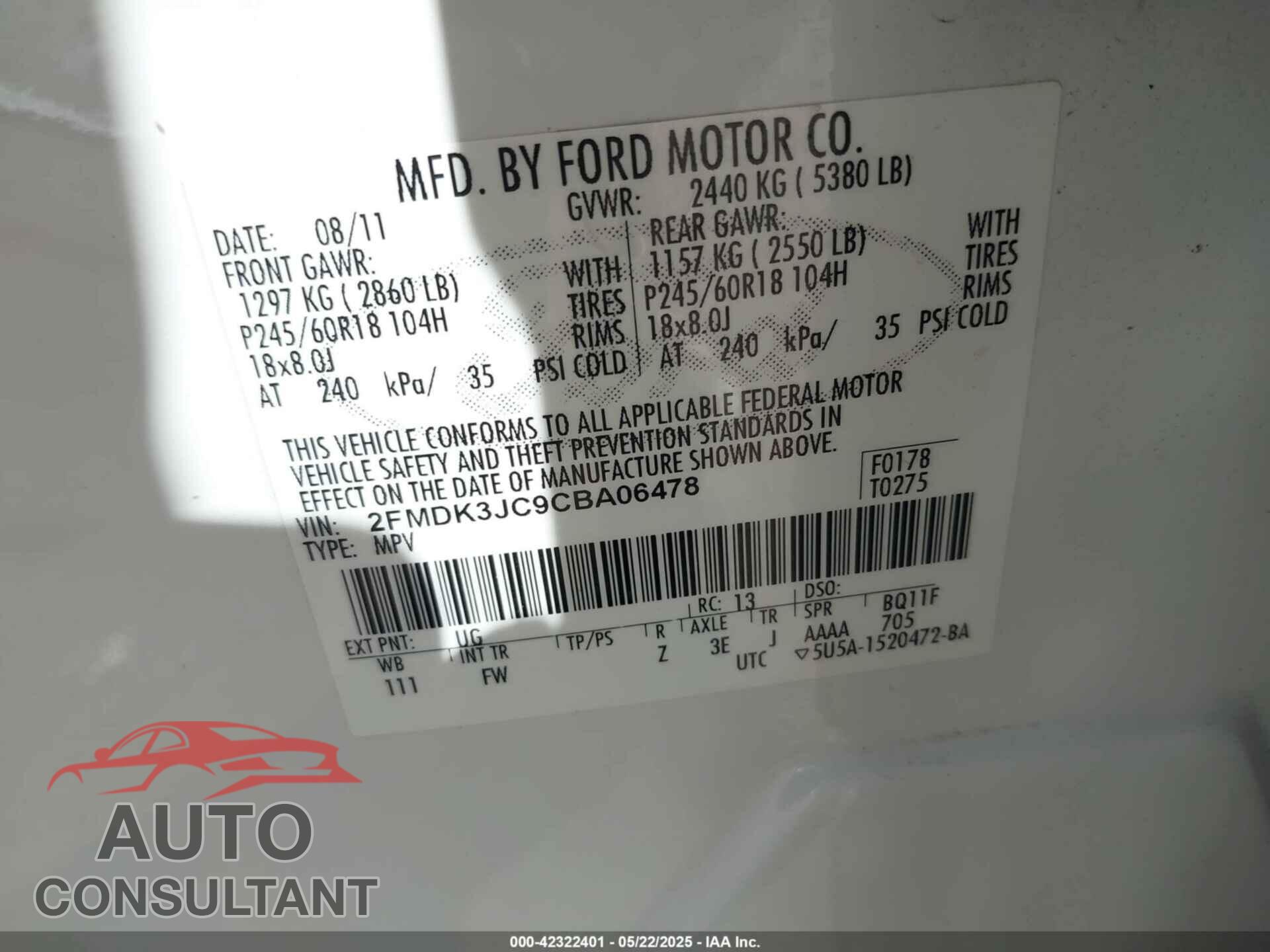 FORD EDGE 2012 - 2FMDK3JC9CBA06478