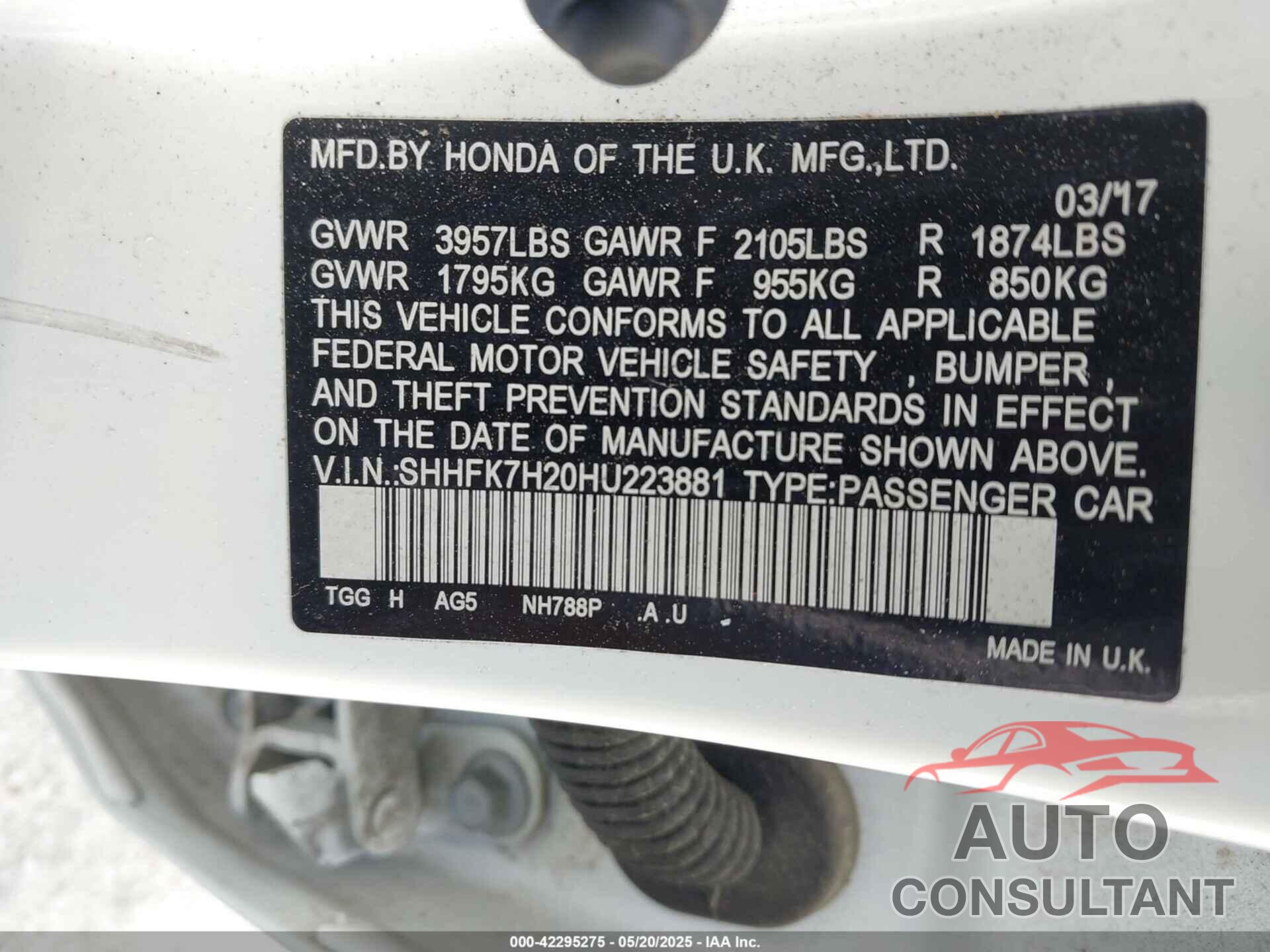 HONDA CIVIC 2017 - SHHFK7H20HU223881
