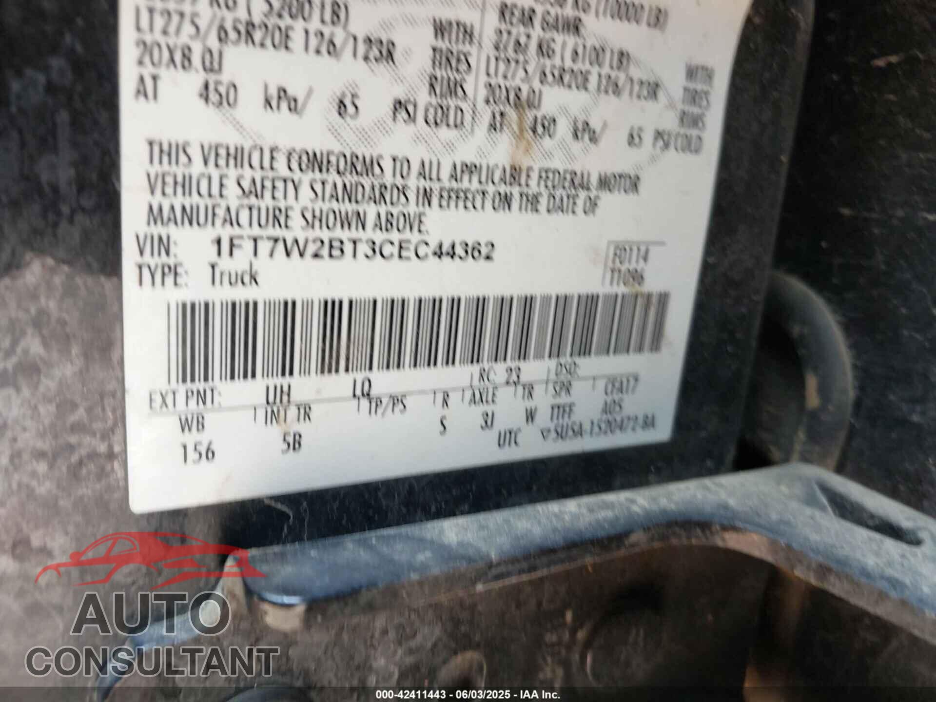 FORD F-250 2012 - 1FT7W2BT3CEC44362