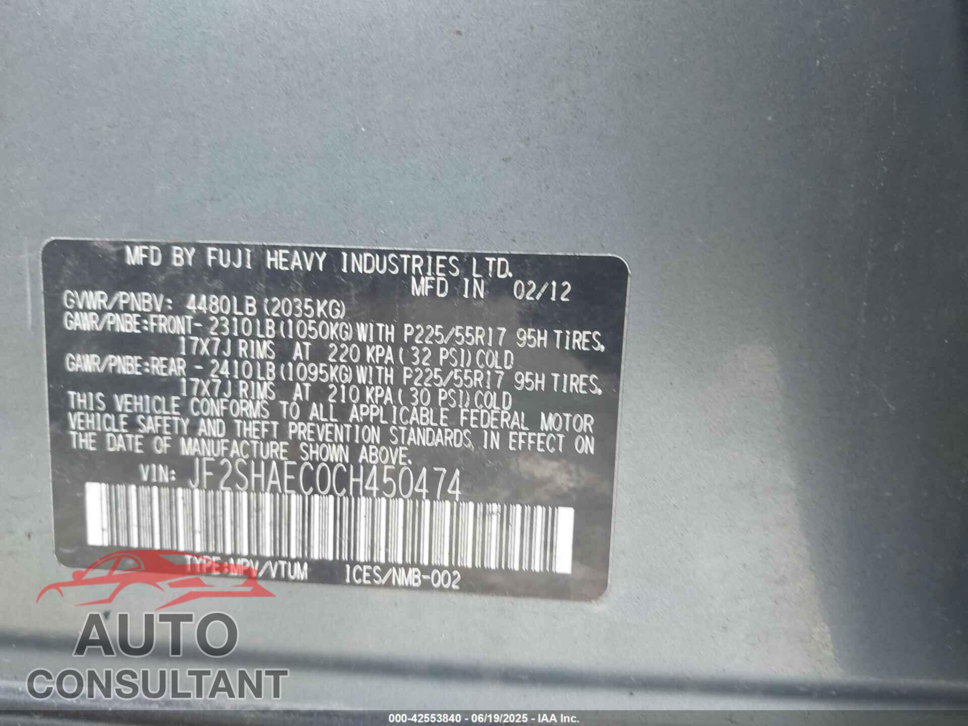 SUBARU FORESTER 2012 - JF2SHAEC0CH450474
