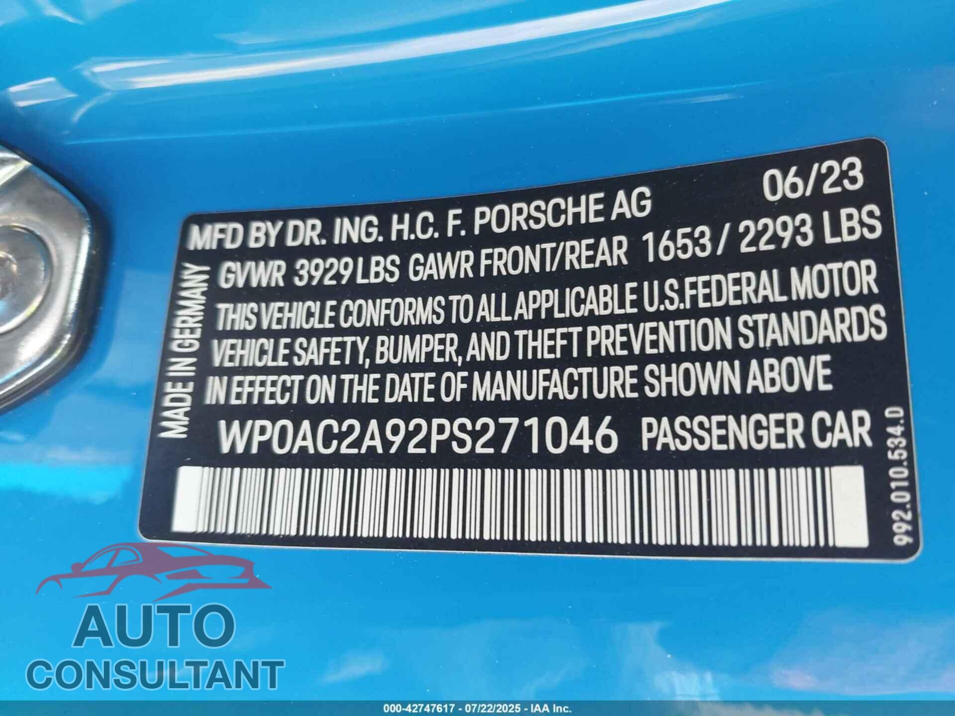 PORSCHE 911 2023 - WP0AC2A92PS271046