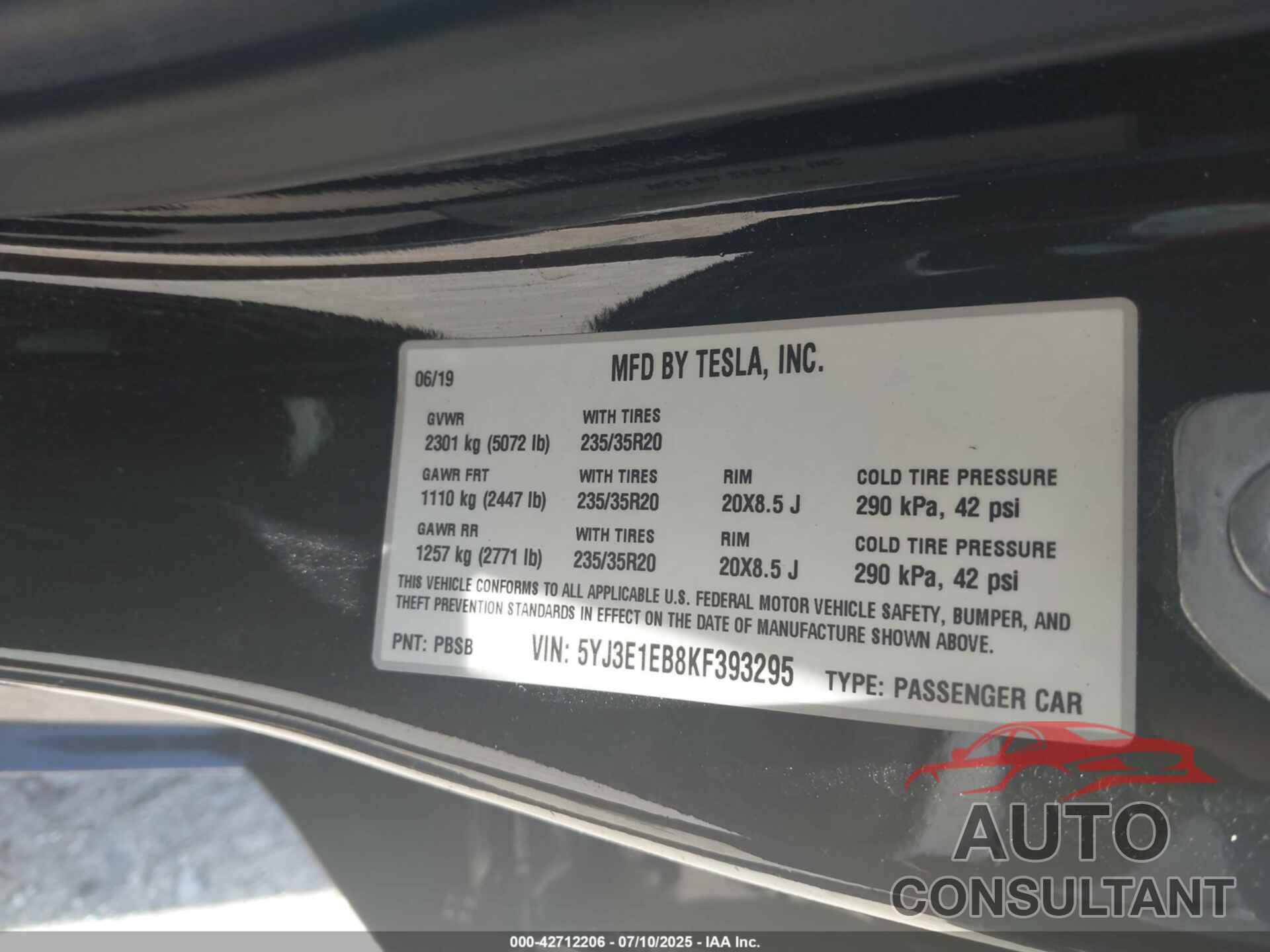 TESLA MODEL 3 2019 - 5YJ3E1EB8KF393295