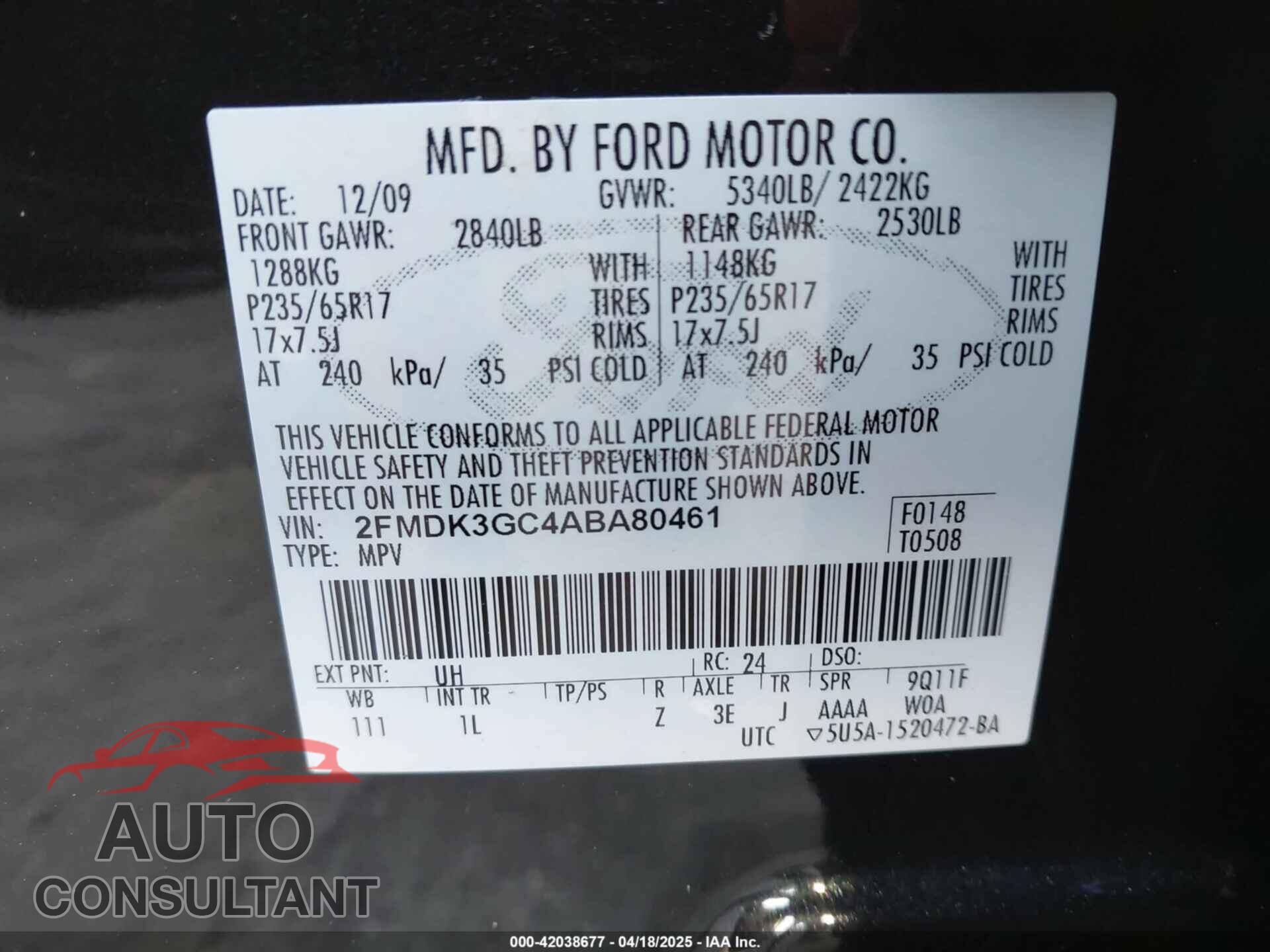 FORD EDGE 2010 - 2FMDK3GC4ABA80461