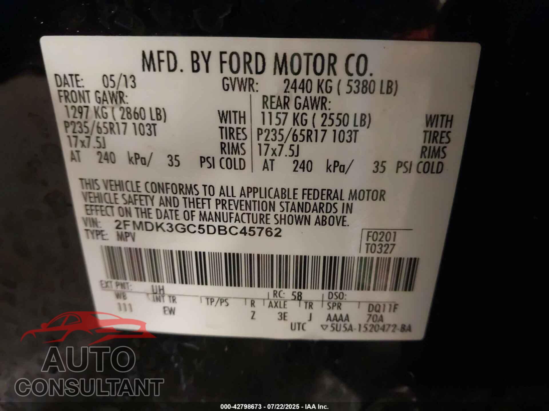 FORD EDGE 2013 - 2FMDK3GC5DBC45762