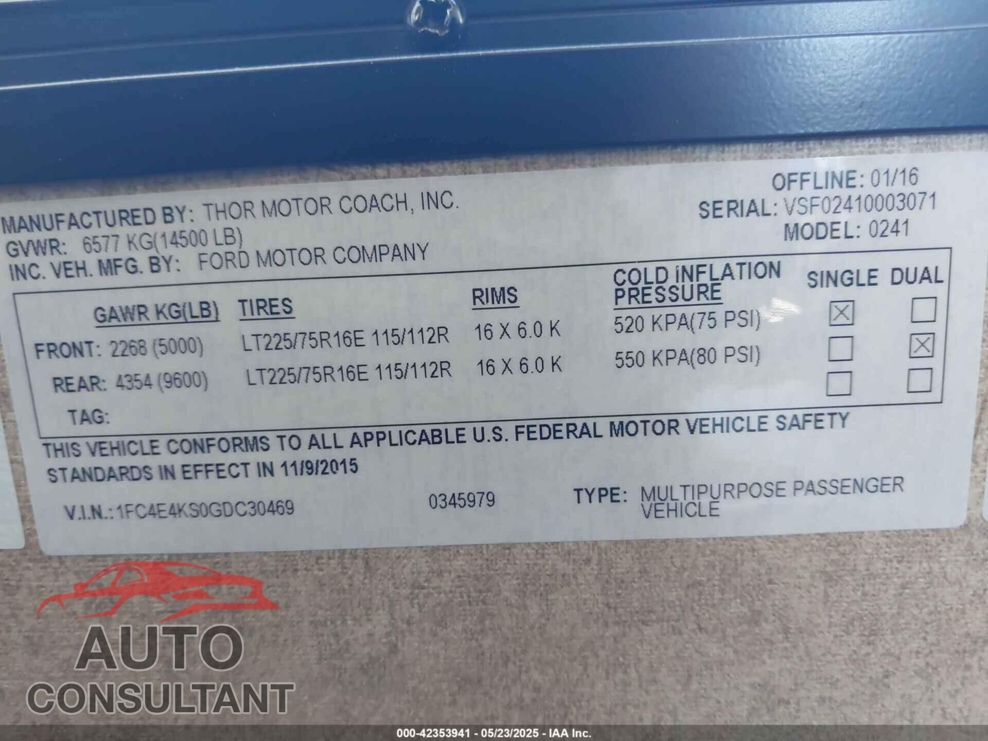 FORD E-450 STRIPPED 2016 - 1FC4E4KS0GDC30469