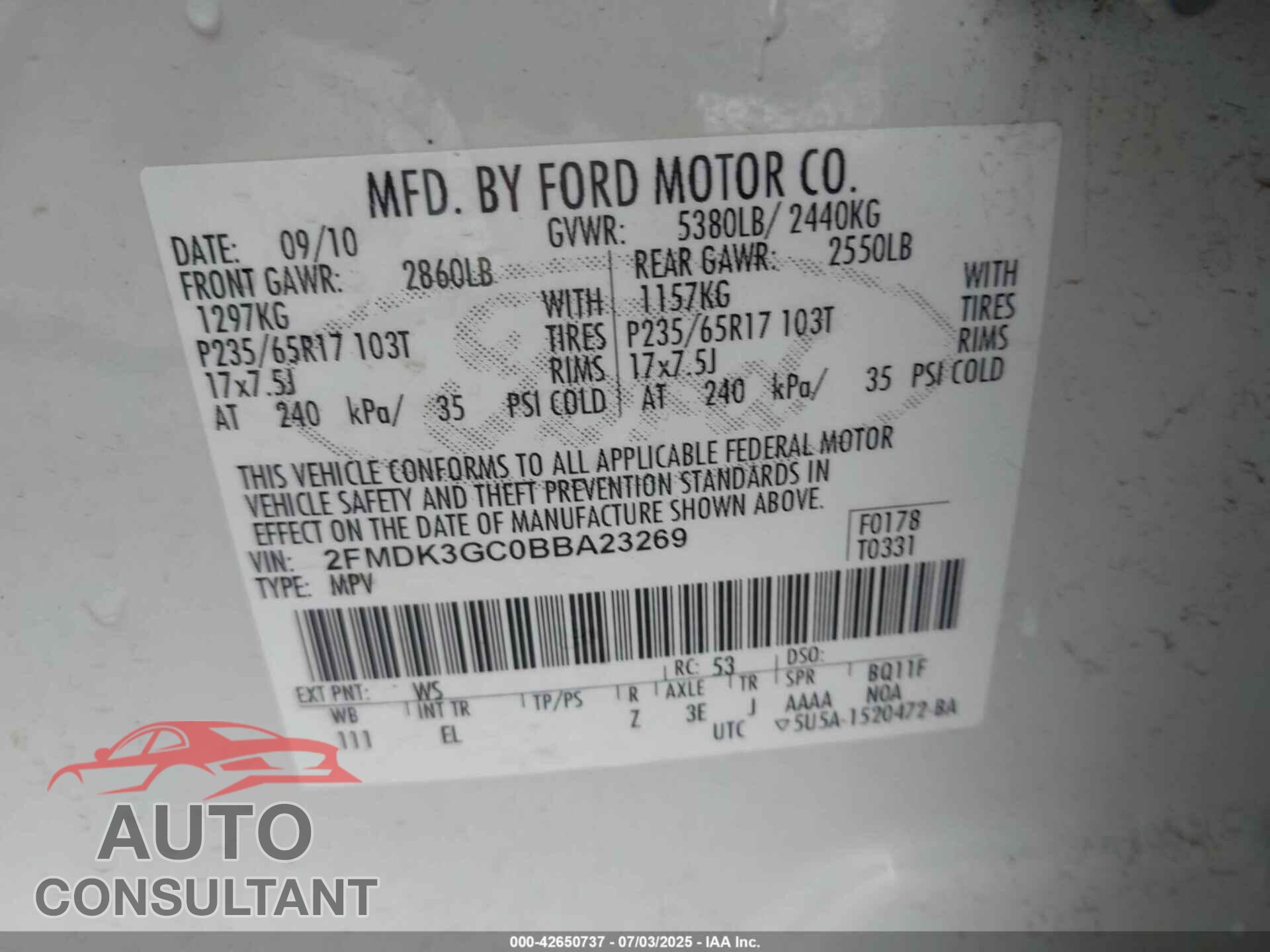 FORD EDGE 2011 - 2FMDK3GC0BBA23269