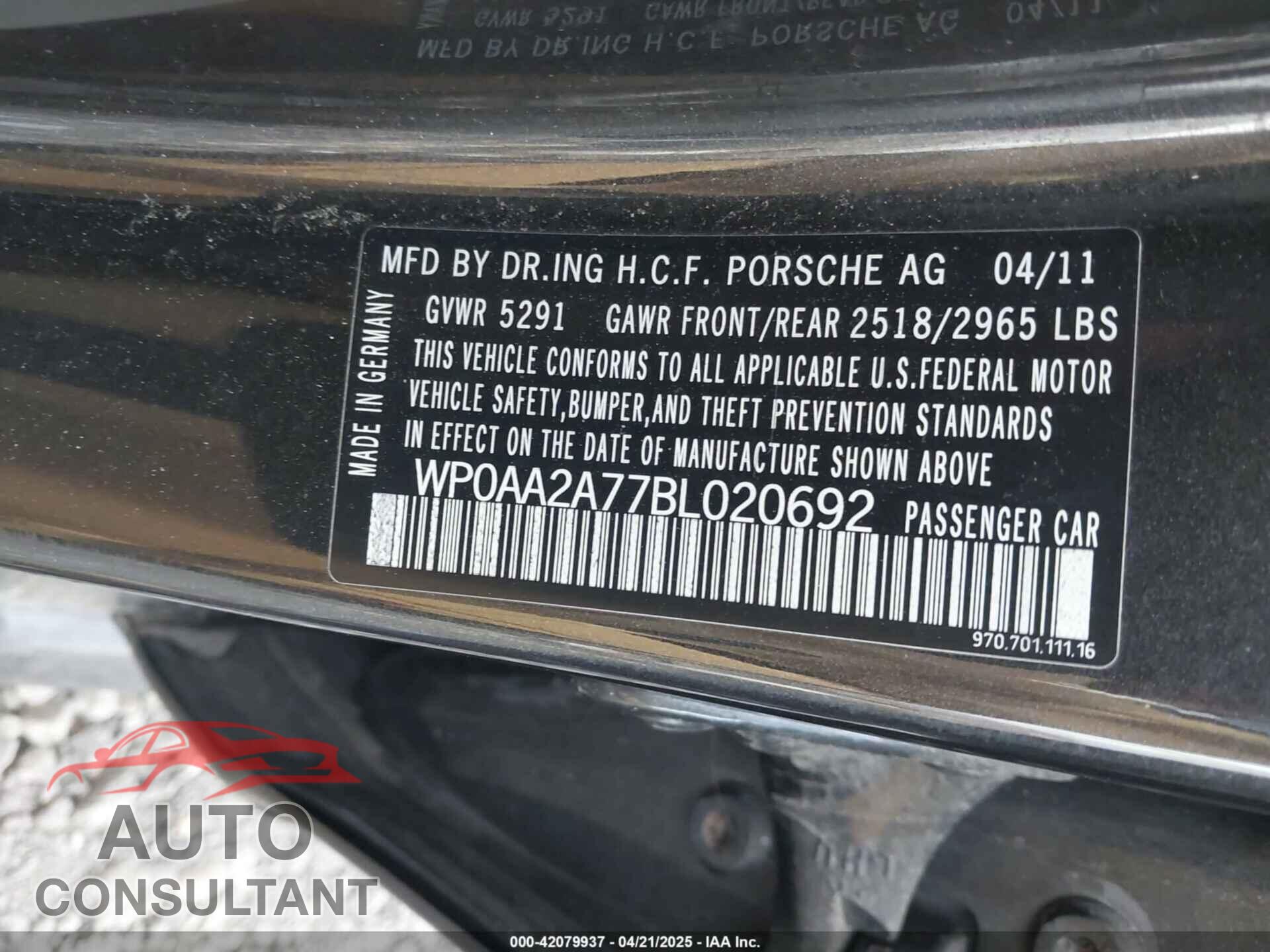 PORSCHE PANAMERA 2011 - WP0AA2A77BL020692